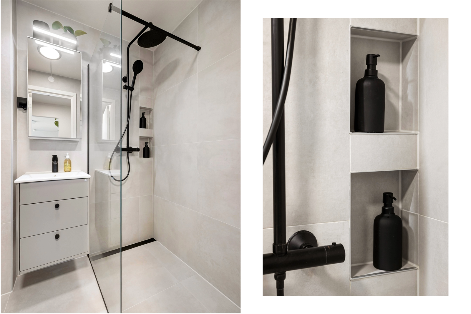 Badet er påkostet med langsgående slukrist og hyllenisjer Galleribilde