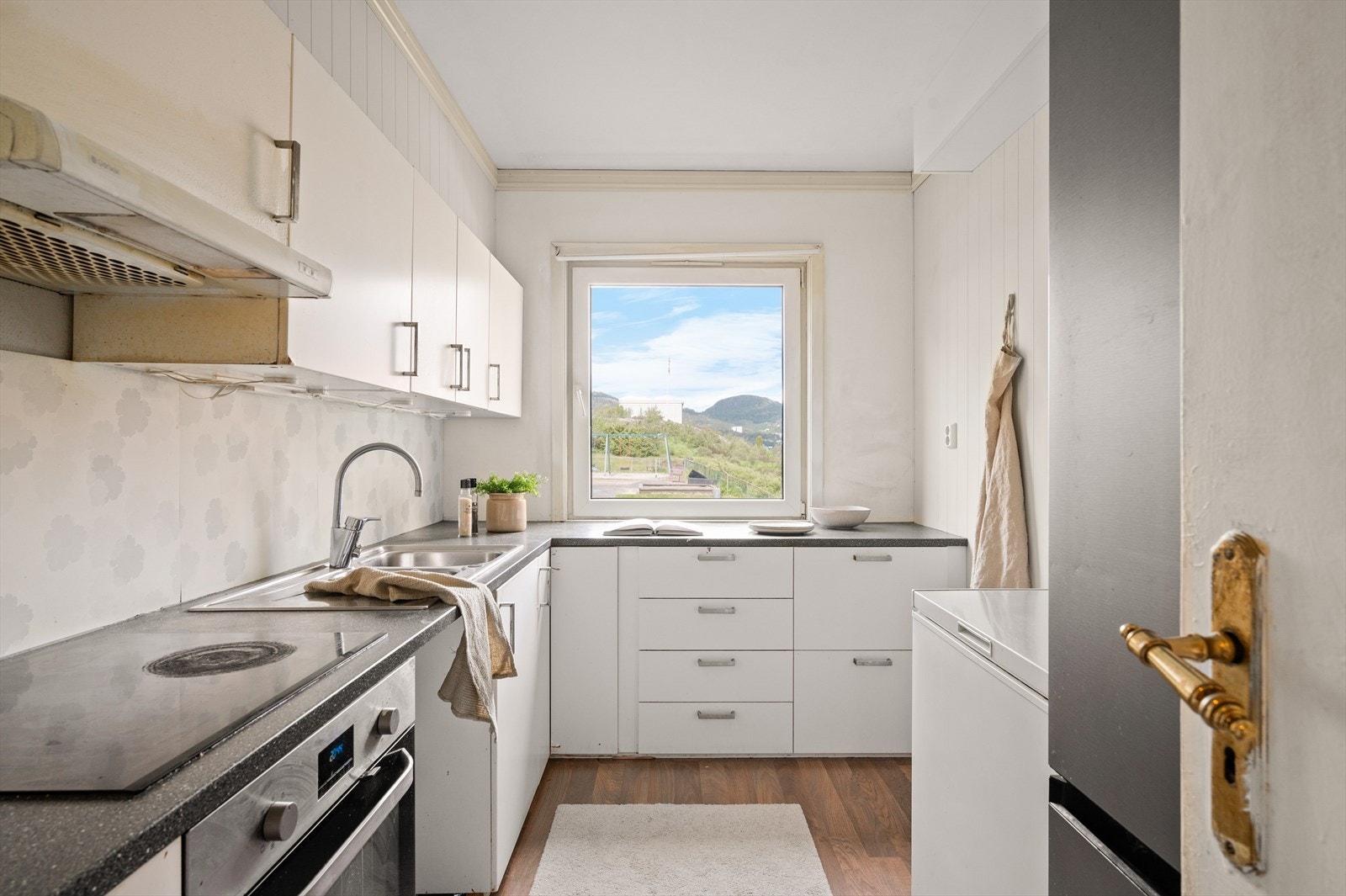 Det er integrert induksjonsplatetopp og stekeovn. Det er god skap- og benkeplass for matlaging og oppbev Galleribilde