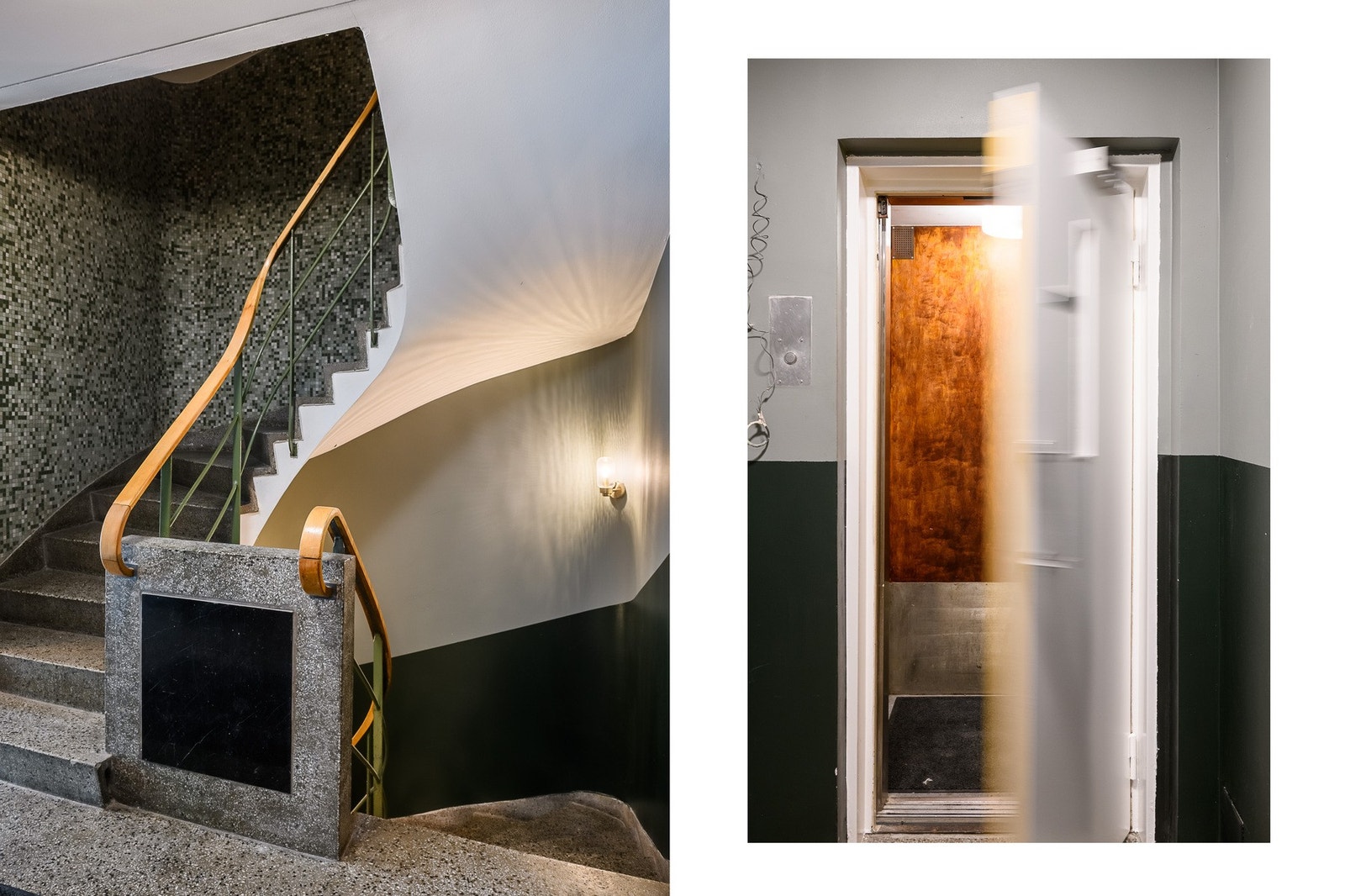 Oppgangene fremstår velholdt med pene overflater, heis og trapp i terrazzo. Galleribilde