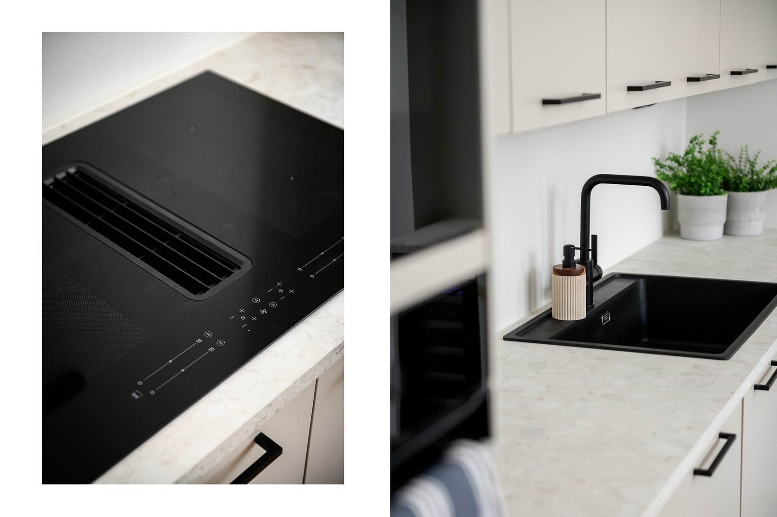 Platetoppen har innebygd kullfilterventilator og vaskekummen er i sort kompositt, stillrent og praktisk. Galleribilde