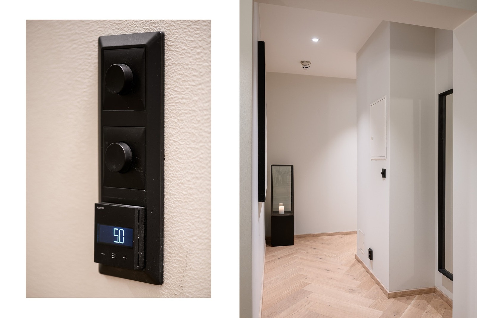 Gangen ved badet har downlights og alle stikk, brytere og armaturer er i sort design. Galleribilde