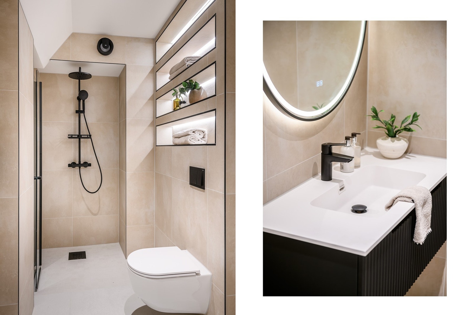 Badet er lyst og delikat med regnfallsdusj, veggmontert toalett og innfelte hyller med ledbelysning. Galleribilde