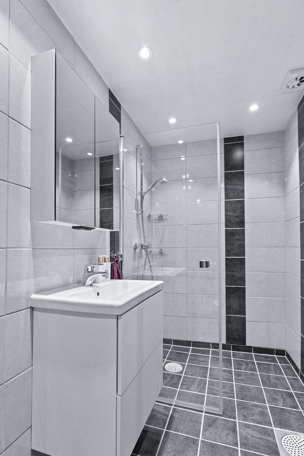 Badet er innredet med vegghengt toalett og en moderne baderomsinnredning med speilskap Galleribilde