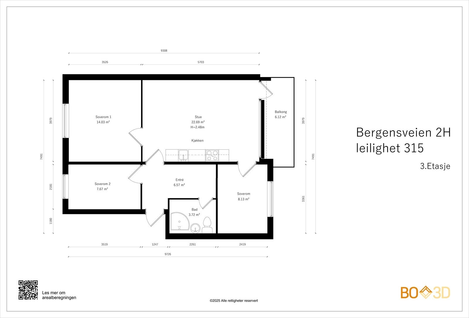 Alternativ plantegning med en 4-roms løsning. Her er kjøkkenet flyttet ut til stuen. Undersøkelser vedr. utførelse og godkjenninger fra styret samt plan og bygg er kjøpers ansvar. Galleribilde