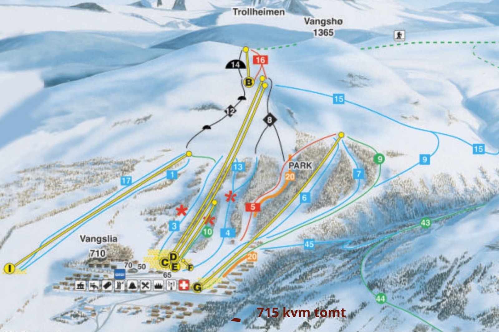 Lett å komme seg til og fra Vangslia.
Løypekartet over Oppdal skisenter med tomta til Stenan 1c omtrentlig markert. Galleribilde