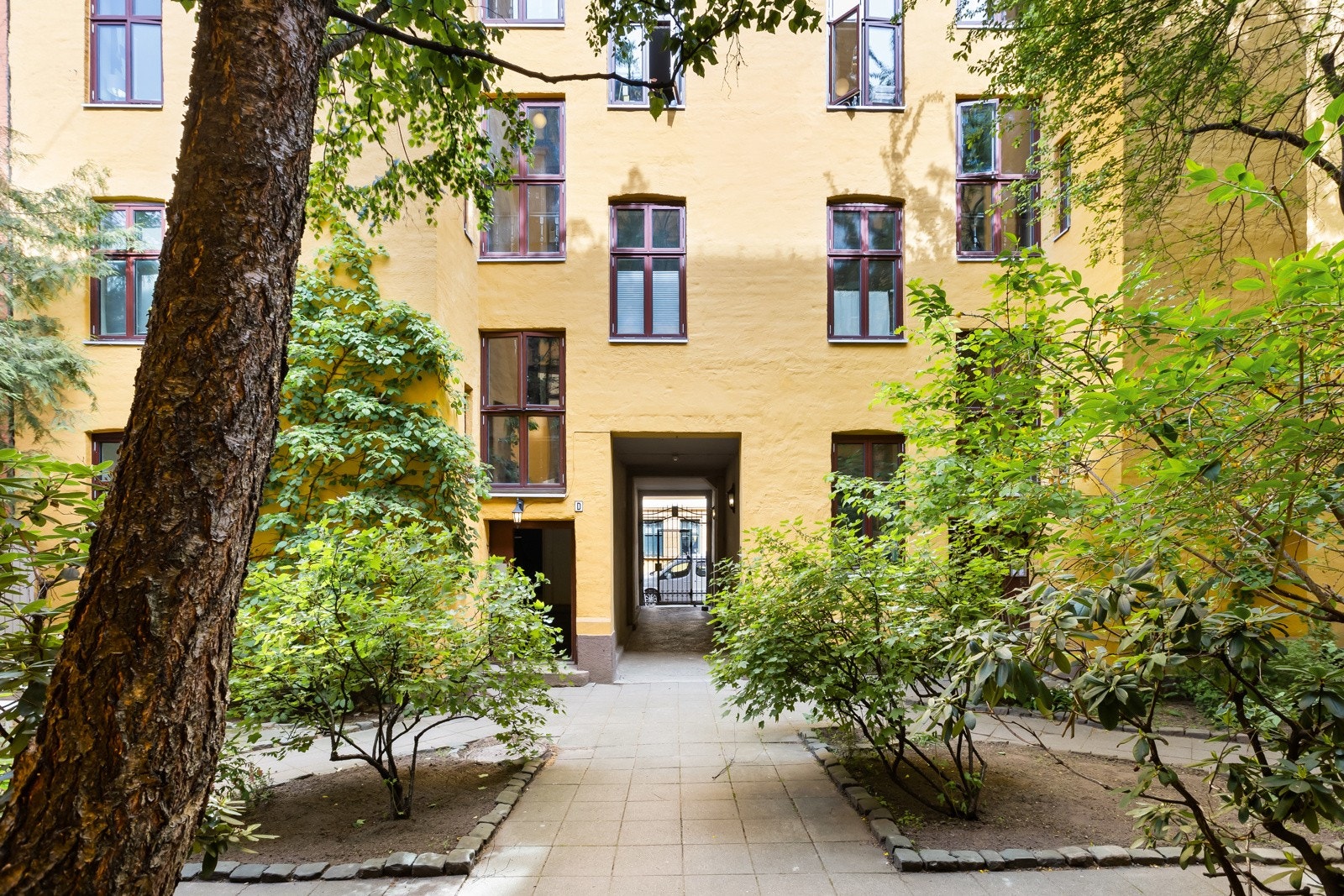 Pent opparbeidet felles tomt med gress og beplantning Galleribilde