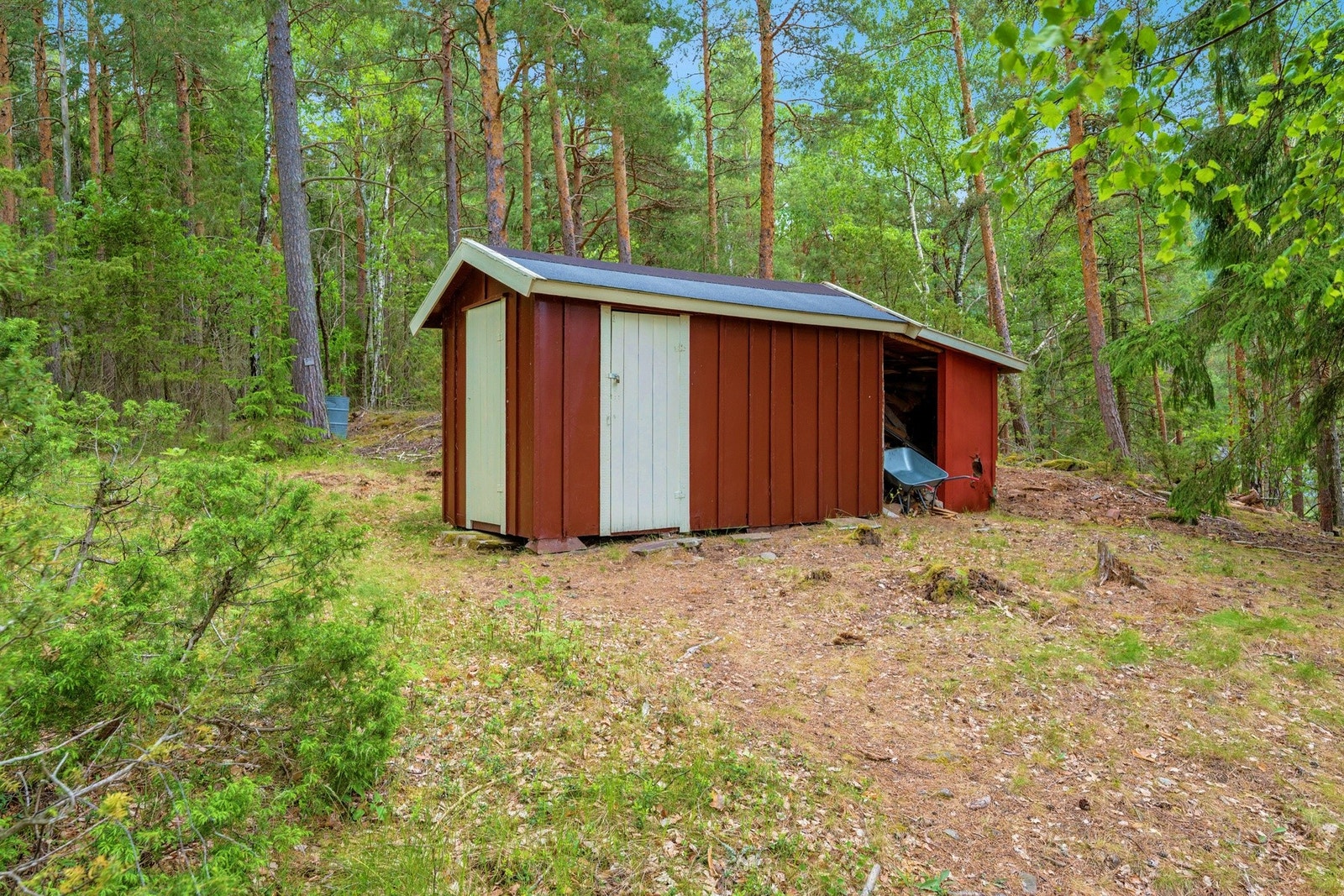 I tillegg til hytte og anneks ved vannkanten er det også et uthus som rommer utedo og bodplass. Galleribilde