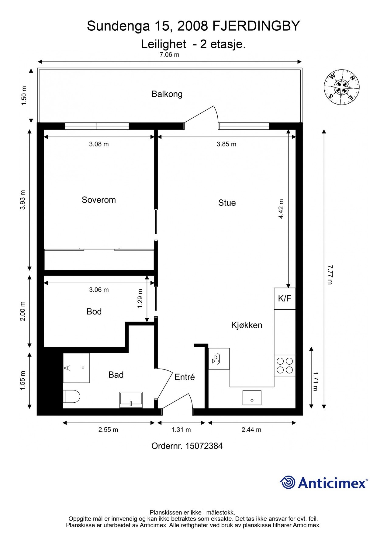 La oss først ta en titt på leilighetens plantegning, slik at du får orientert deg. I tillegg til innvendige arealer disponerer leiligheten en kjellerbod på ca. 2 kvm. Galleribilde