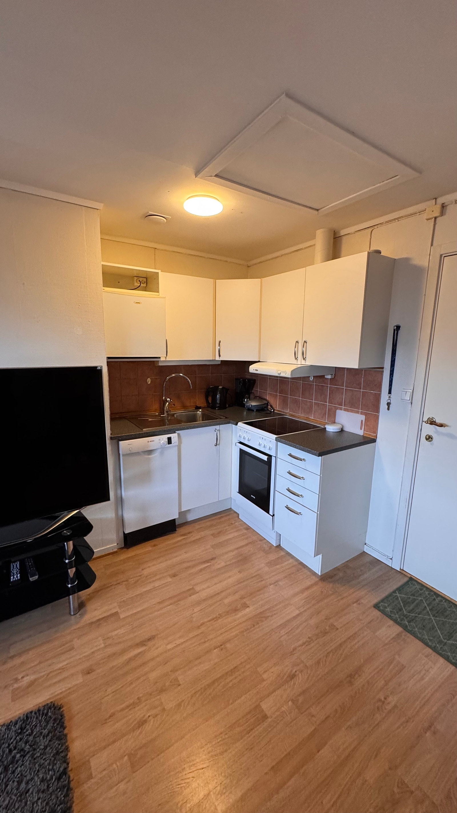 Stue.Kjøkken krok med komfyr stekeovn og lite kjøleskap. Galleribilde