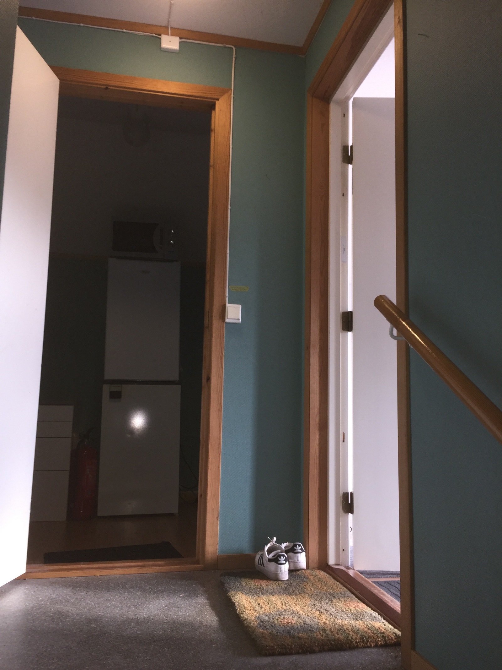 Toppen av trapp til 2 etasje. Dør til venstre er bod tilhørende leiligheten og dør til høgre er inn til leiligheten. Galleribilde