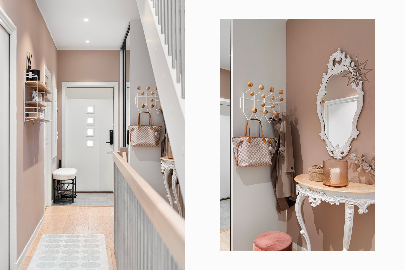 Entrè med lekre detaljer og en innsatt skyvedørsgarderobe for praktisk oppbevaring av yttertøyet.