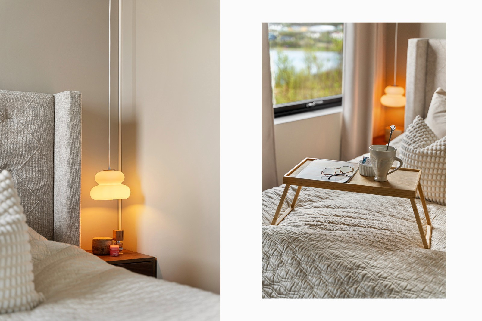 Morgensola strømmer inn i de flotte store vinduene.