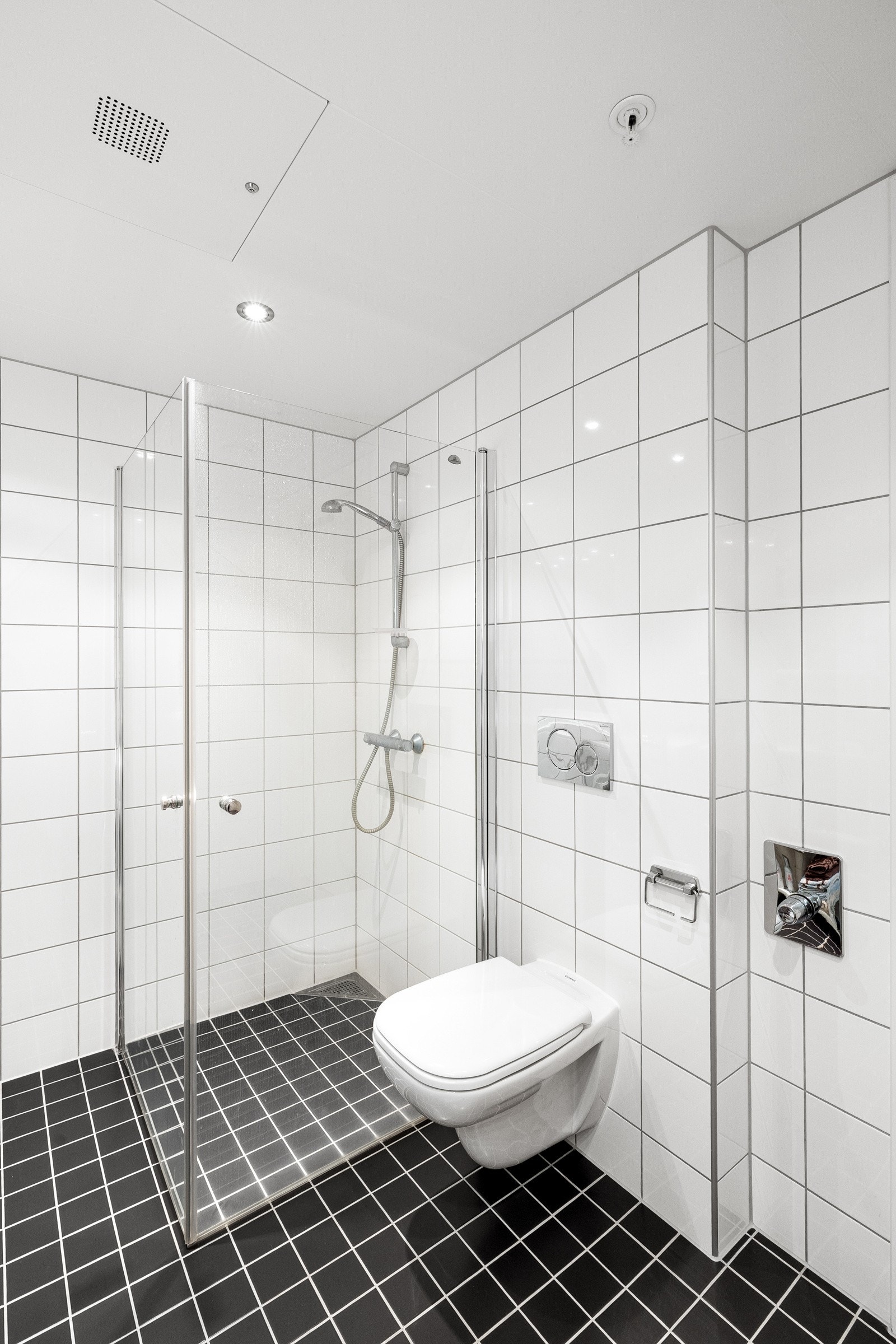 Badet er utstyrt med dusj, vegghengt toalett, og vask i seksjon. Galleribilde