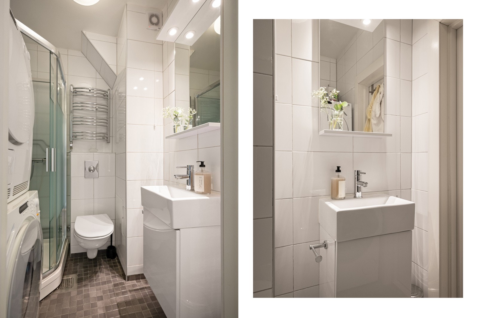 Bad 2 ligger i gangen og har plass til vaskemaskin og tørketrommel, samt dushjørne og wc, samt servant med underskap og speil. Galleribilde