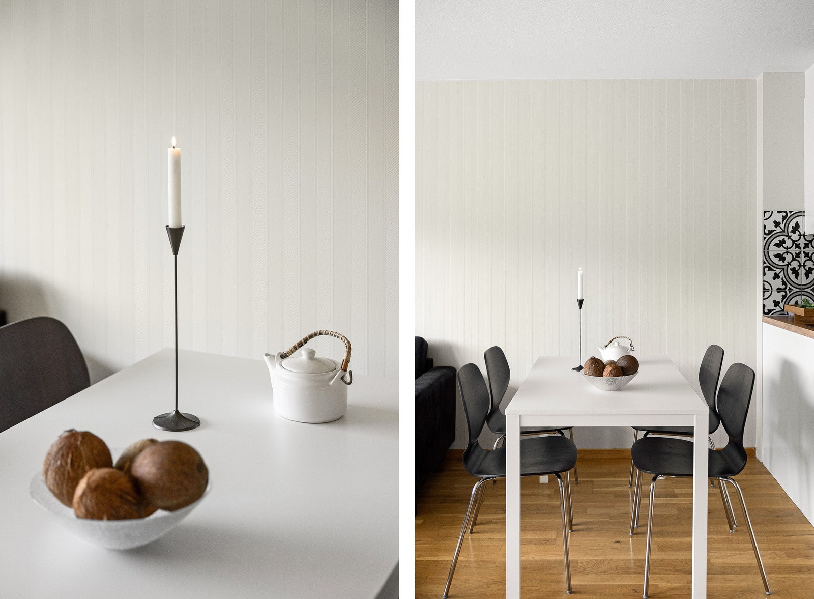 Gulvet er av 3-stavs parkett og vegger og himling består av slette malte plater. Galleribilde
