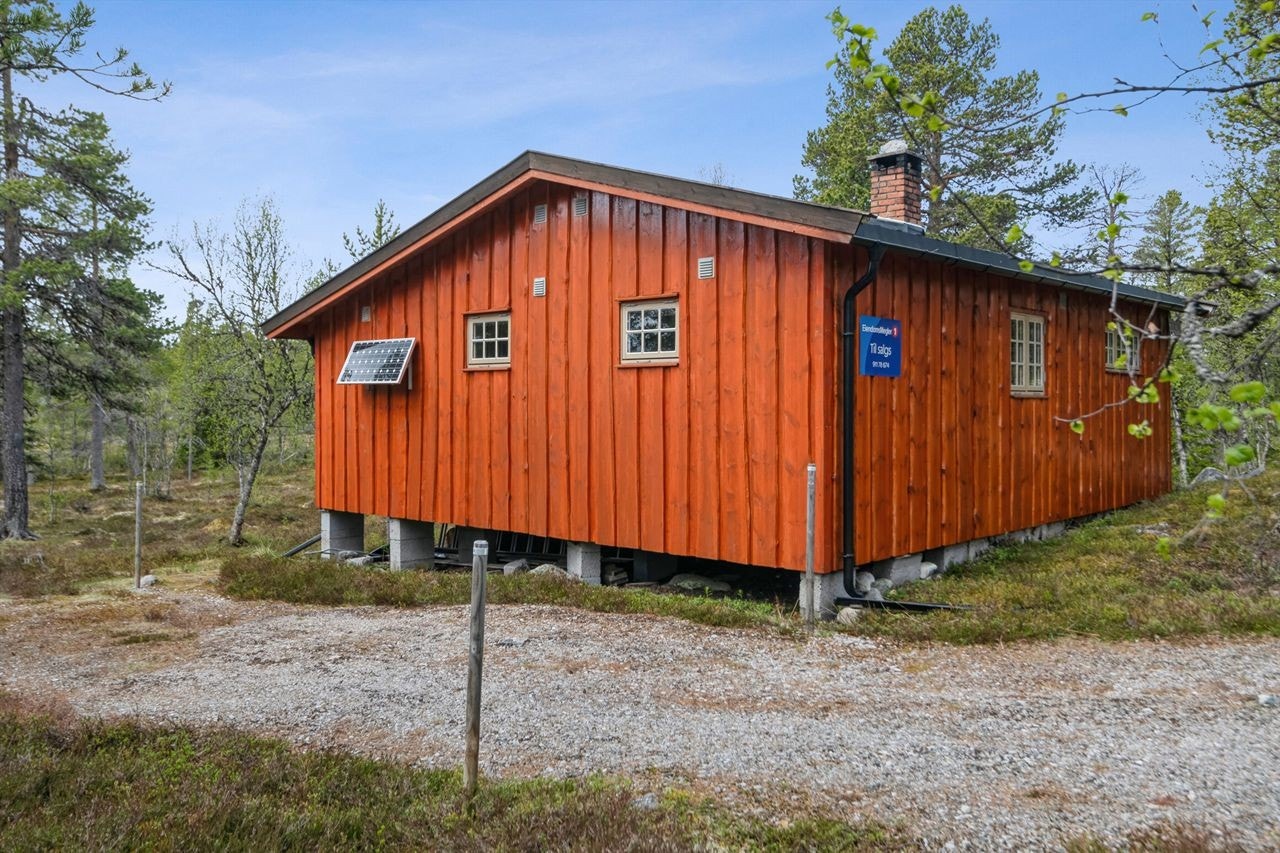 Velholdt fasade med stående kledning fra 2000, omgitt av naturskjønn fjellnatur. Galleribilde