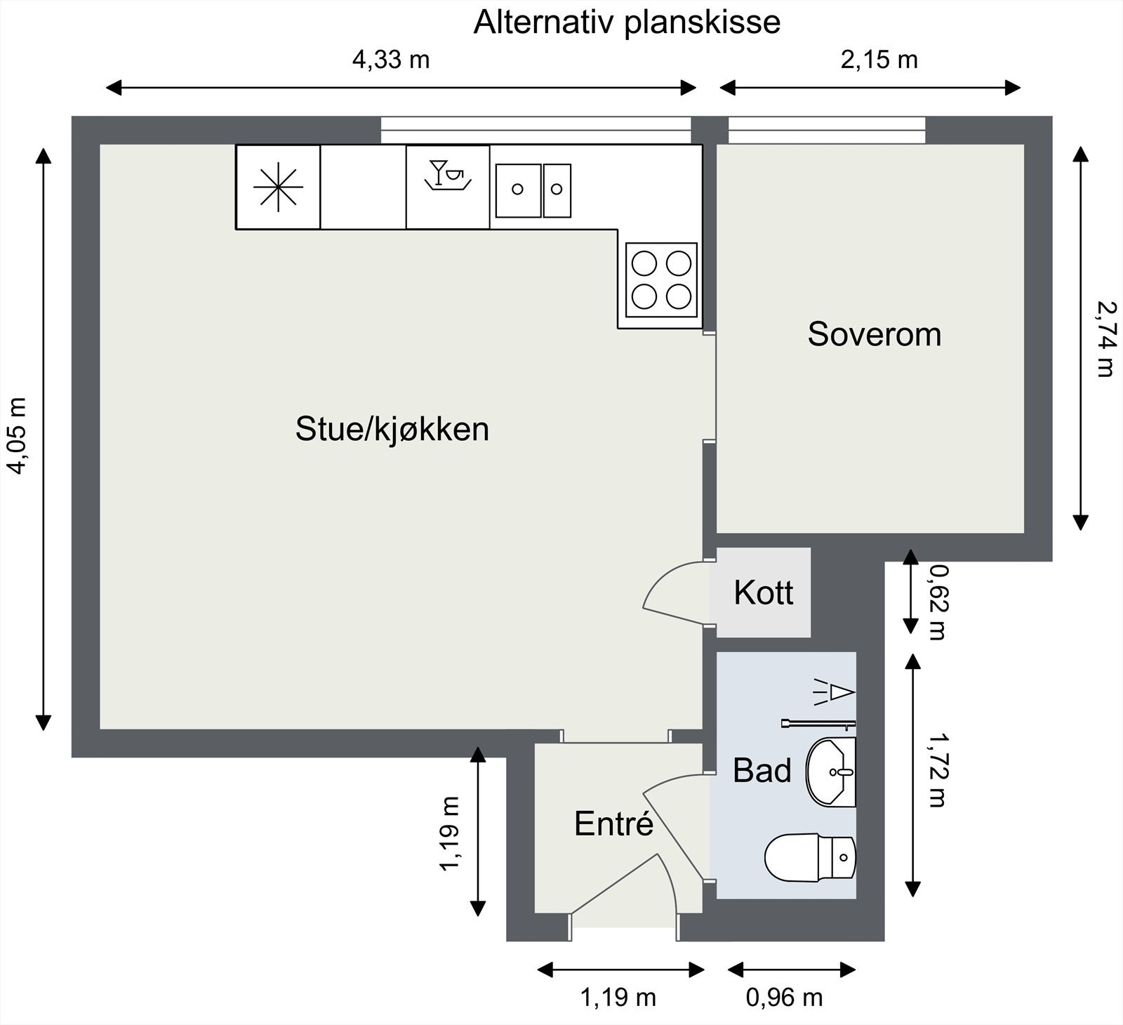Alternativ plantegning kun ment som inspirasjon. Kjøper er selv ansvarlig for å undersøke om dette er mulig, og å få eventuelle godkjenninger dersom dette kreves av styret og/eller kommunen. Galleribilde