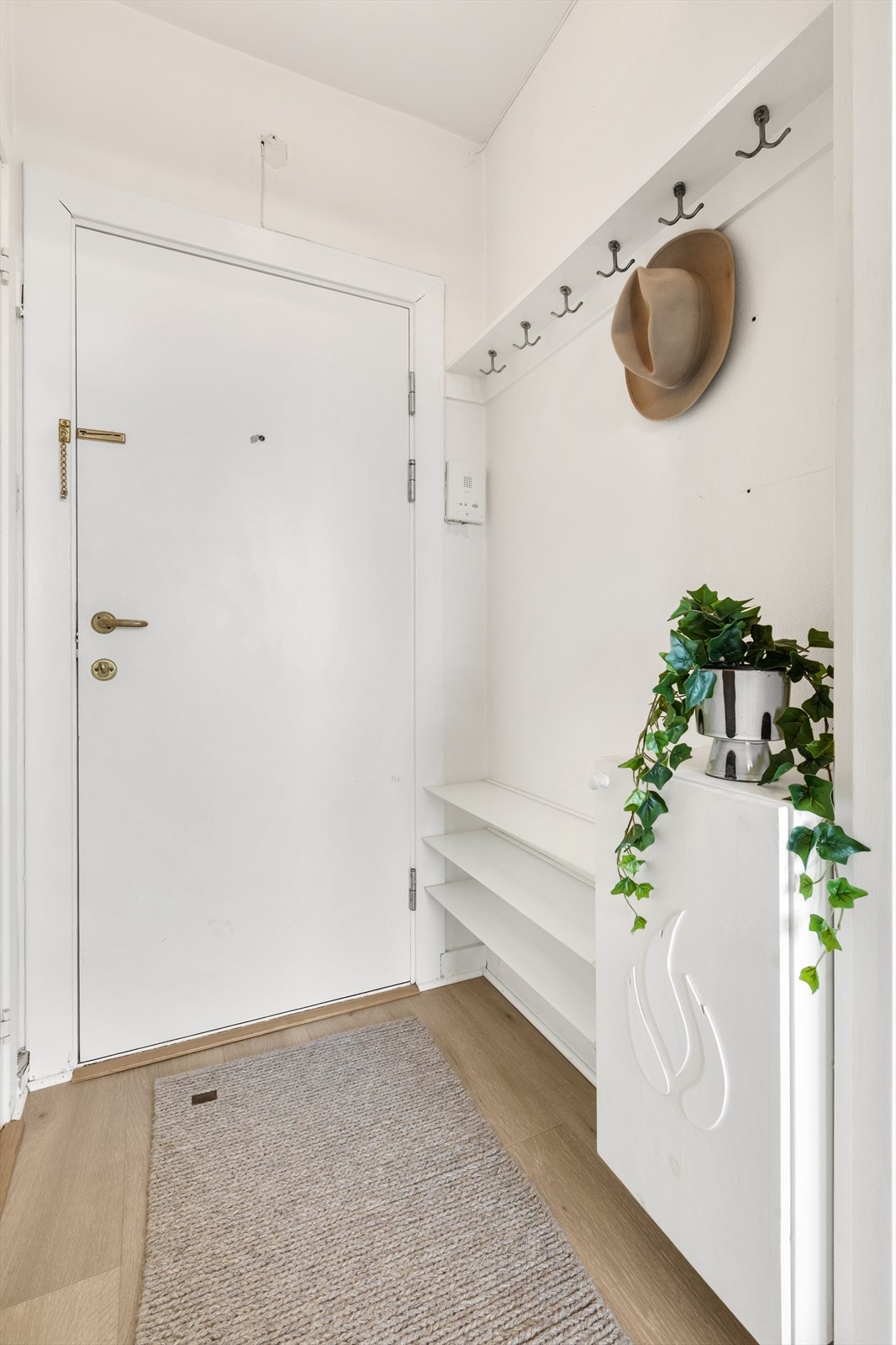 Velkommen inn! Det er plass til å henge fra seg yttertøy på fastmonterte hyller og knagger. Galleribilde