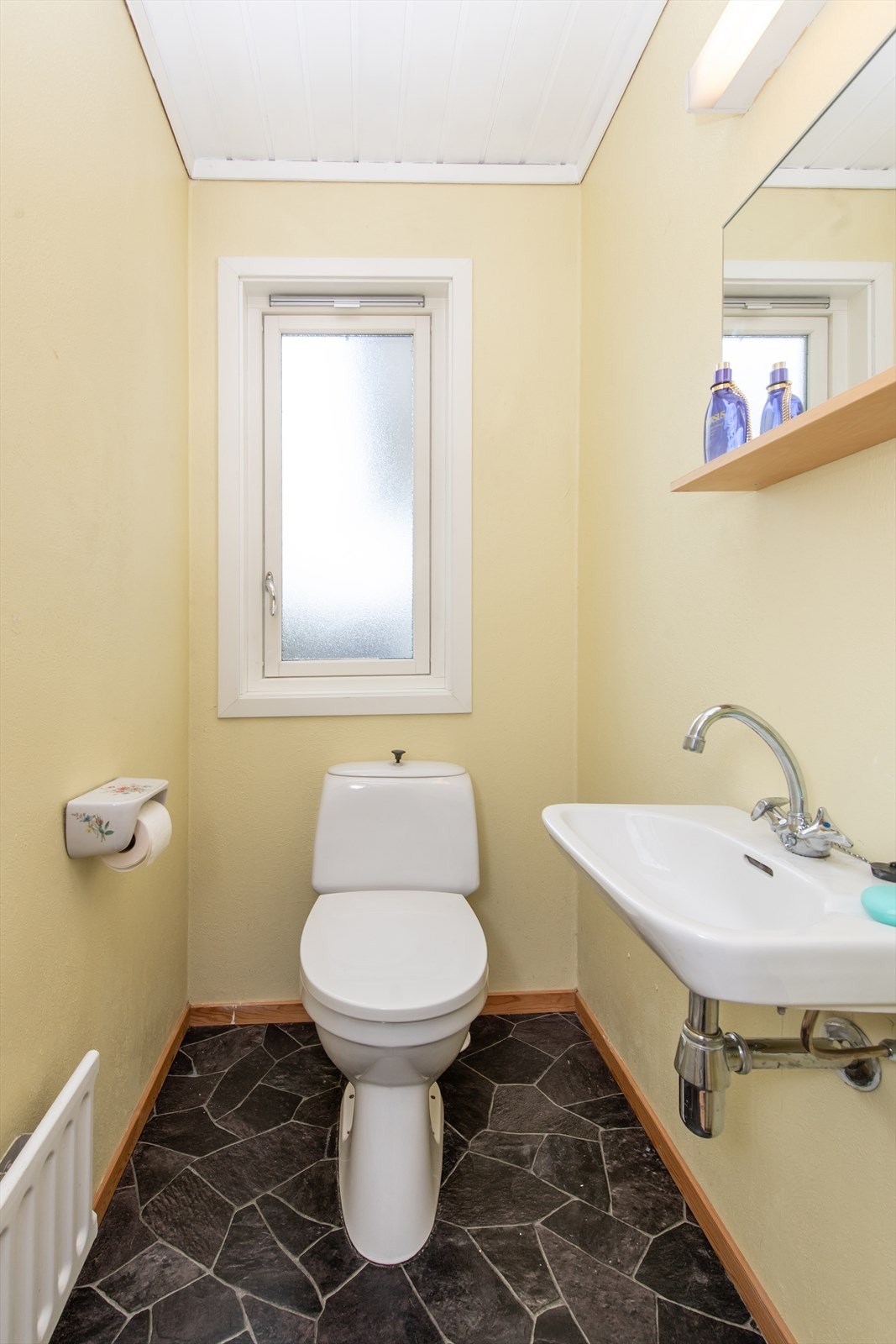 Toalettrom:
Rommet består av helstøpt servant med innredning og gulvklosett. Galleribilde