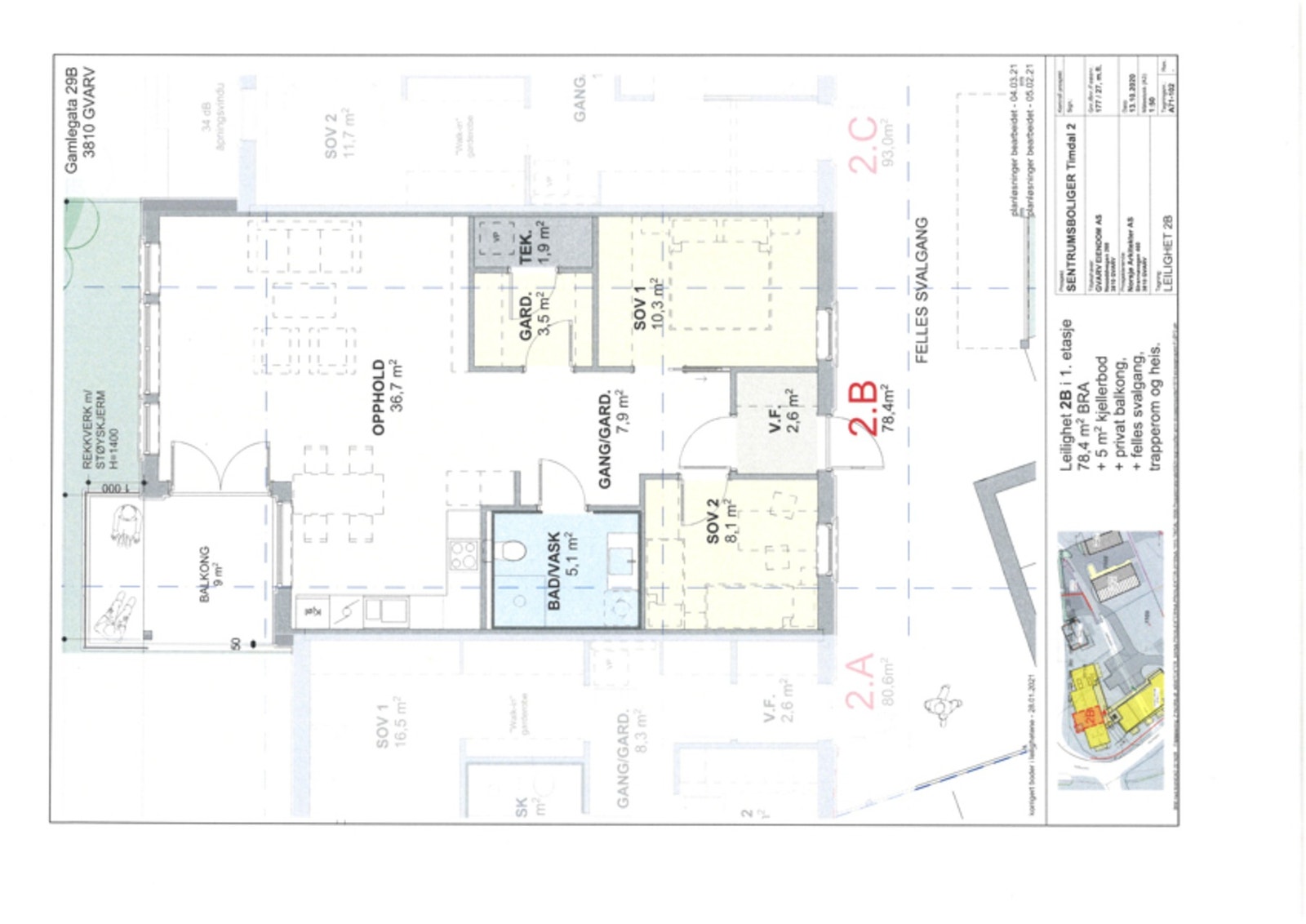 Tegning fra byggetid, merk at det ikke er vegg mellom det som er benevnt som garderobe og teknisk rom Galleribilde