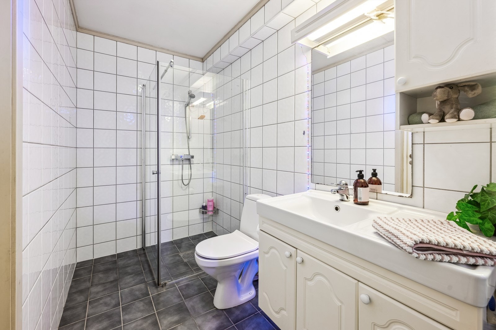 Badet har dusjvegger og baderomsinnredning, ekstra skaper er også satt inn Galleribilde