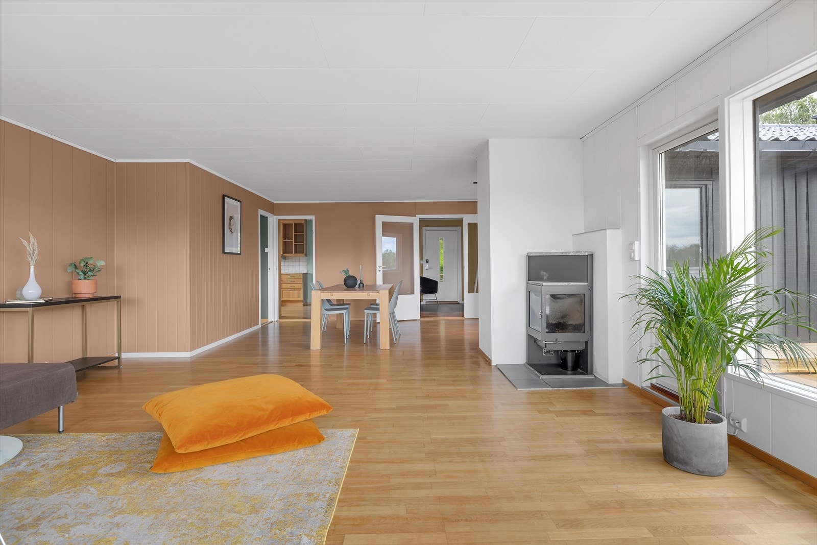 Stue med vedfyring og utgang til solrik balkong. Galleribilde