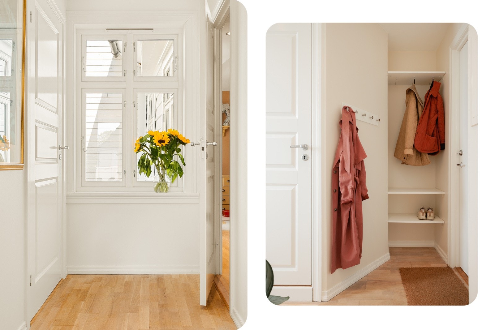 På høyre side av entrédøren er det en praktisk nisje med veggmonterte hyller og knagger. Galleribilde