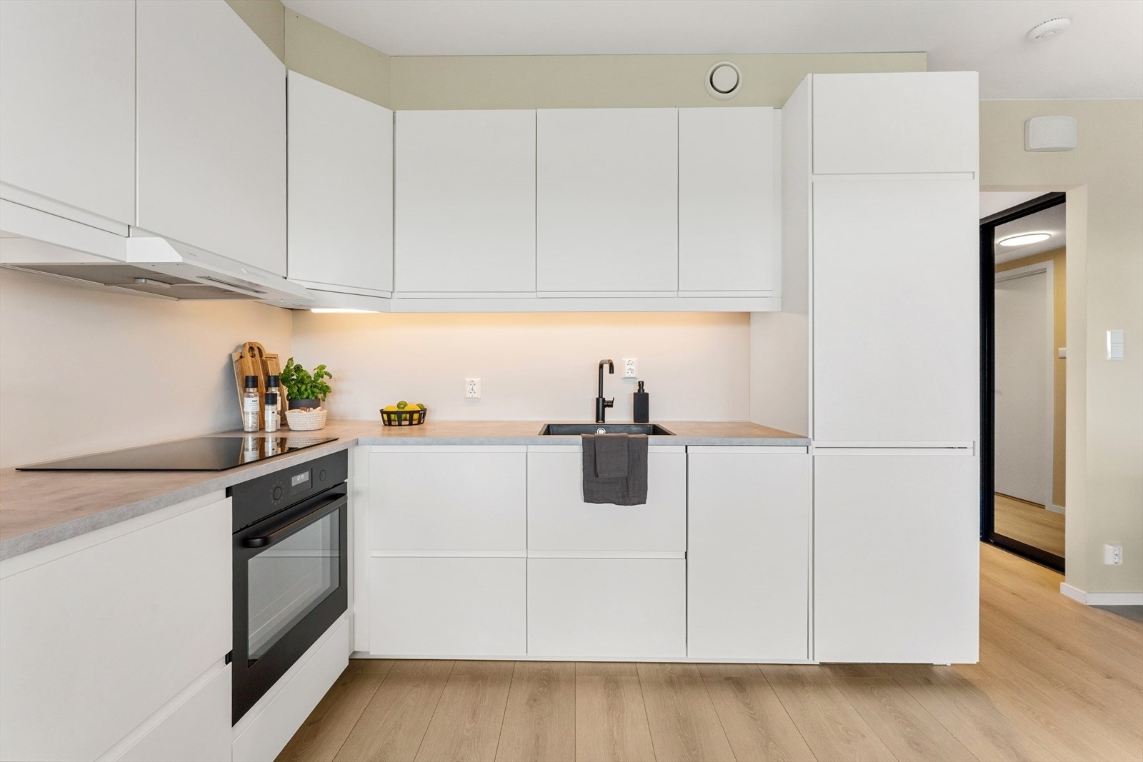 - Moderne kjøkken fra 2022 med integrert stekeovn, platetopp, oppvaskmaskin og kombiskap - Galleribilde