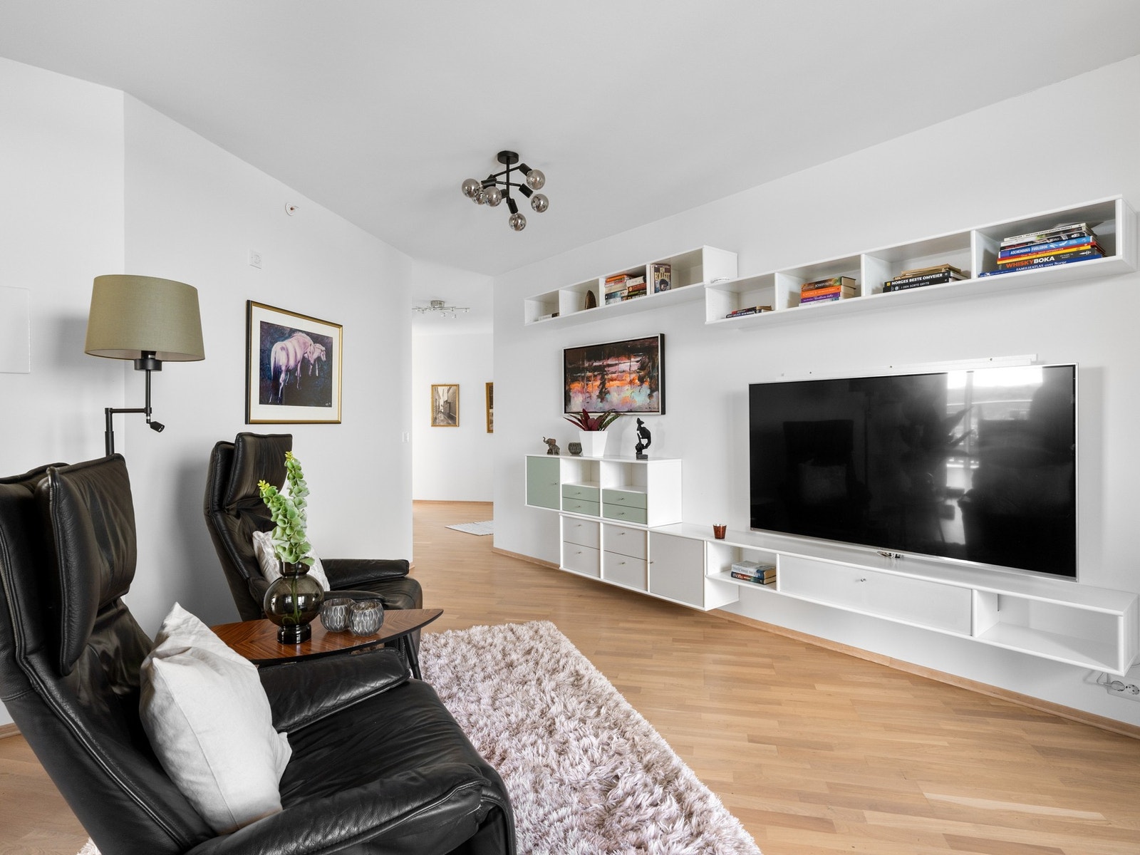 TV-stue med inngang til bad og terrasse Galleribilde