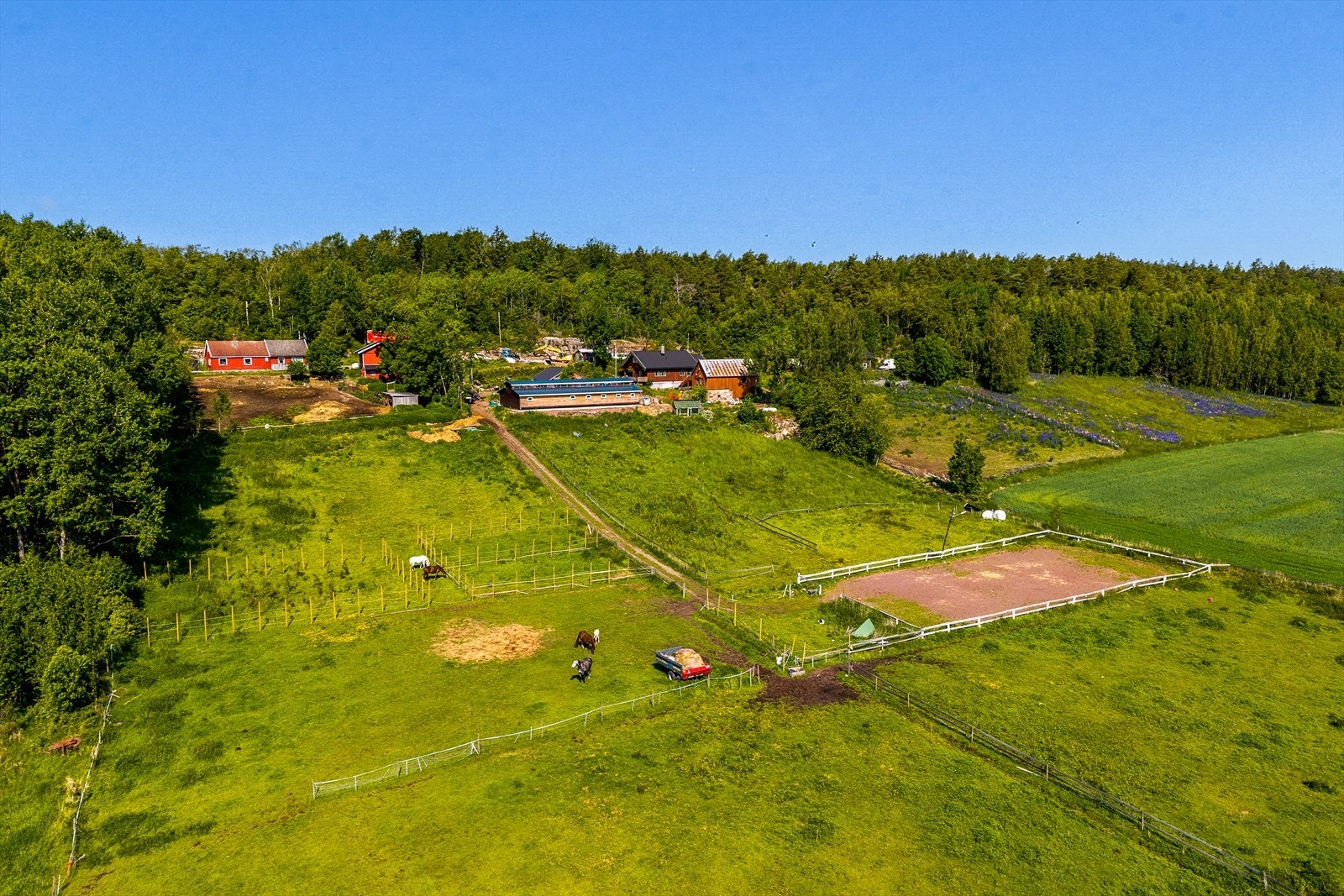 Den nyoppførte stallen er praktisk plassert rett ovenfor ridebanen, noe som gir en svært funksjonell og effektiv løsning for hesteholdet. Galleribilde