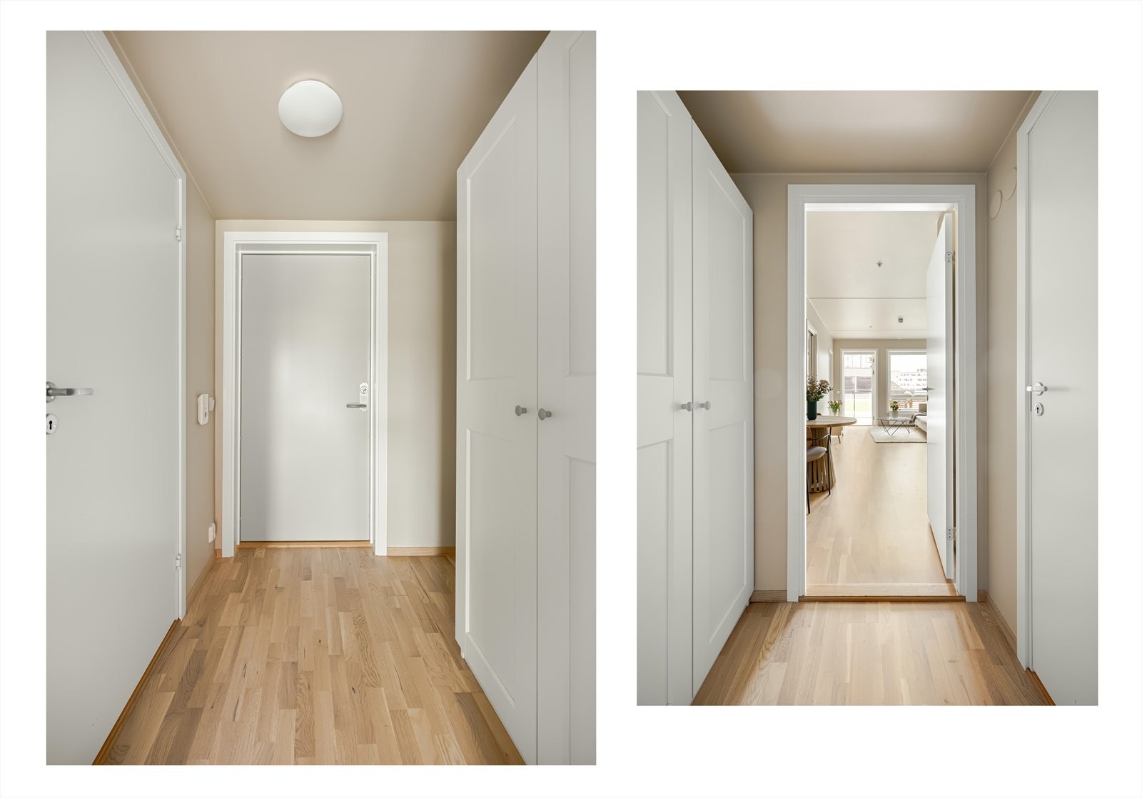 Entréen og gangen fremstår som lys og romslig og gir et godt førsteinntrykk av boligen. Det er god lagringsplass til yttertøy i garderobeløsningen innenfor døren. Galleribilde