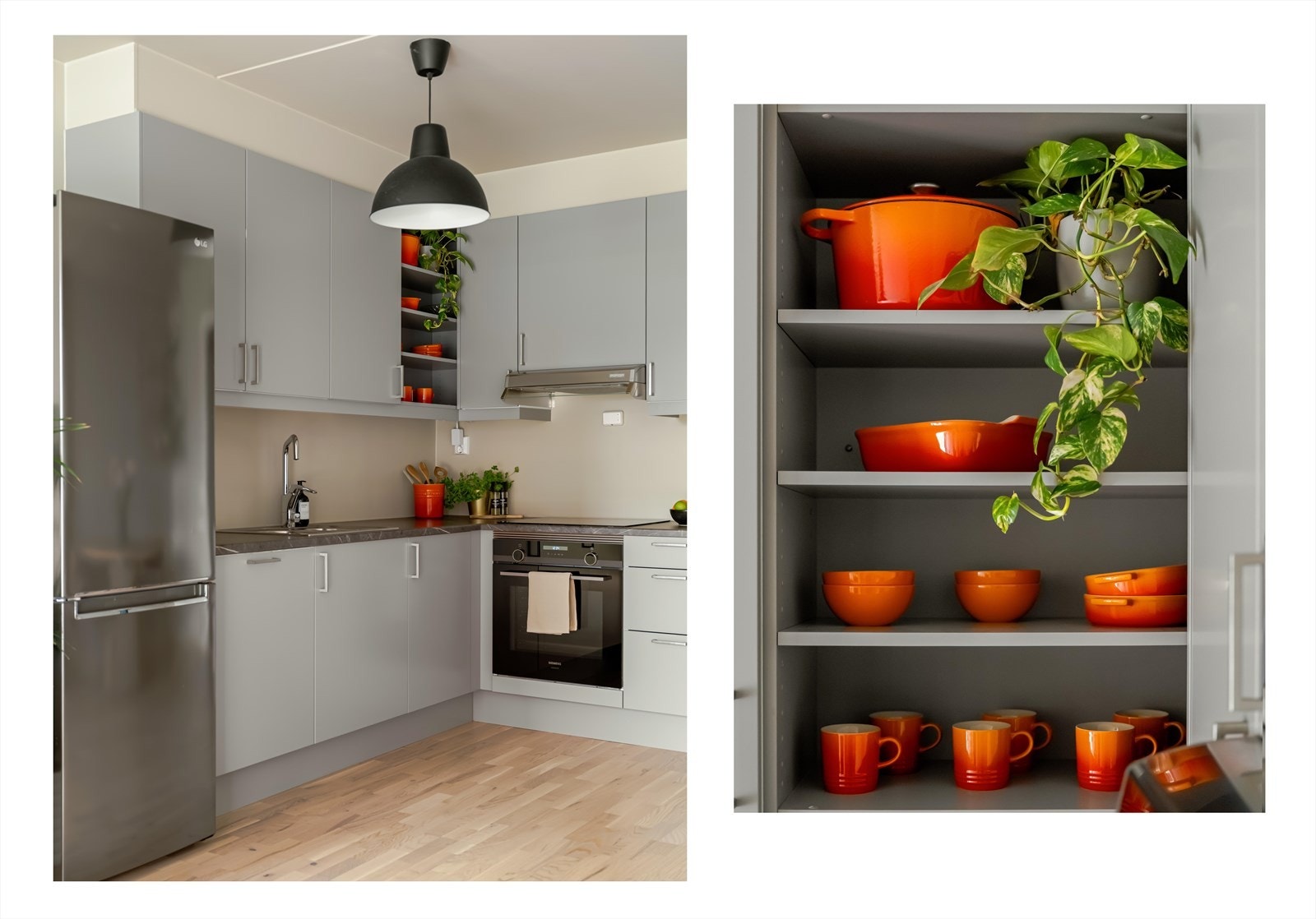 Kjøkkeninnredningen består av over og underskap, ventilator, laminert benkeplate med nedfelt vask, frittstående kombiskap og platetopp. Det er integrert oppvaskmaskin og stekeovn. Galleribilde