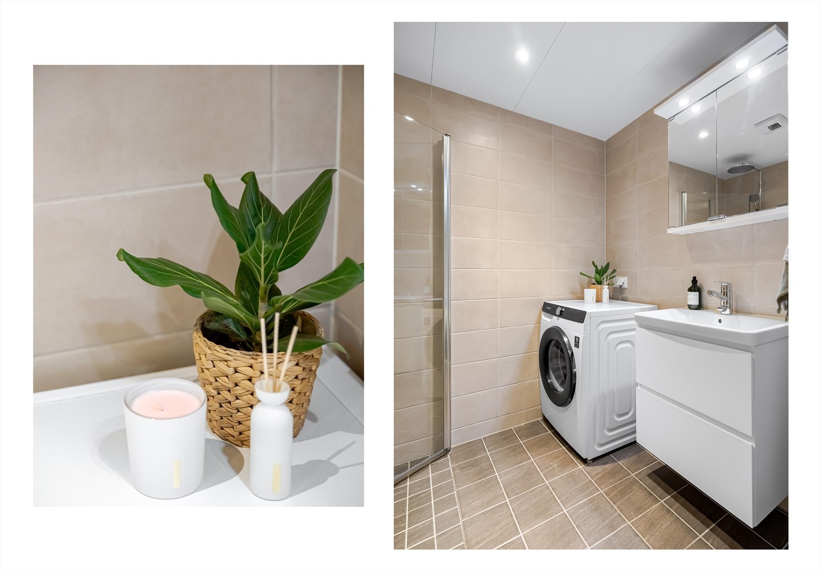 Badet har servantinnredning med skuffer og speilskap, vegghengt toalett, dusj med glassdører. Det er praktisk opplegg til vaskemaskin. Galleribilde