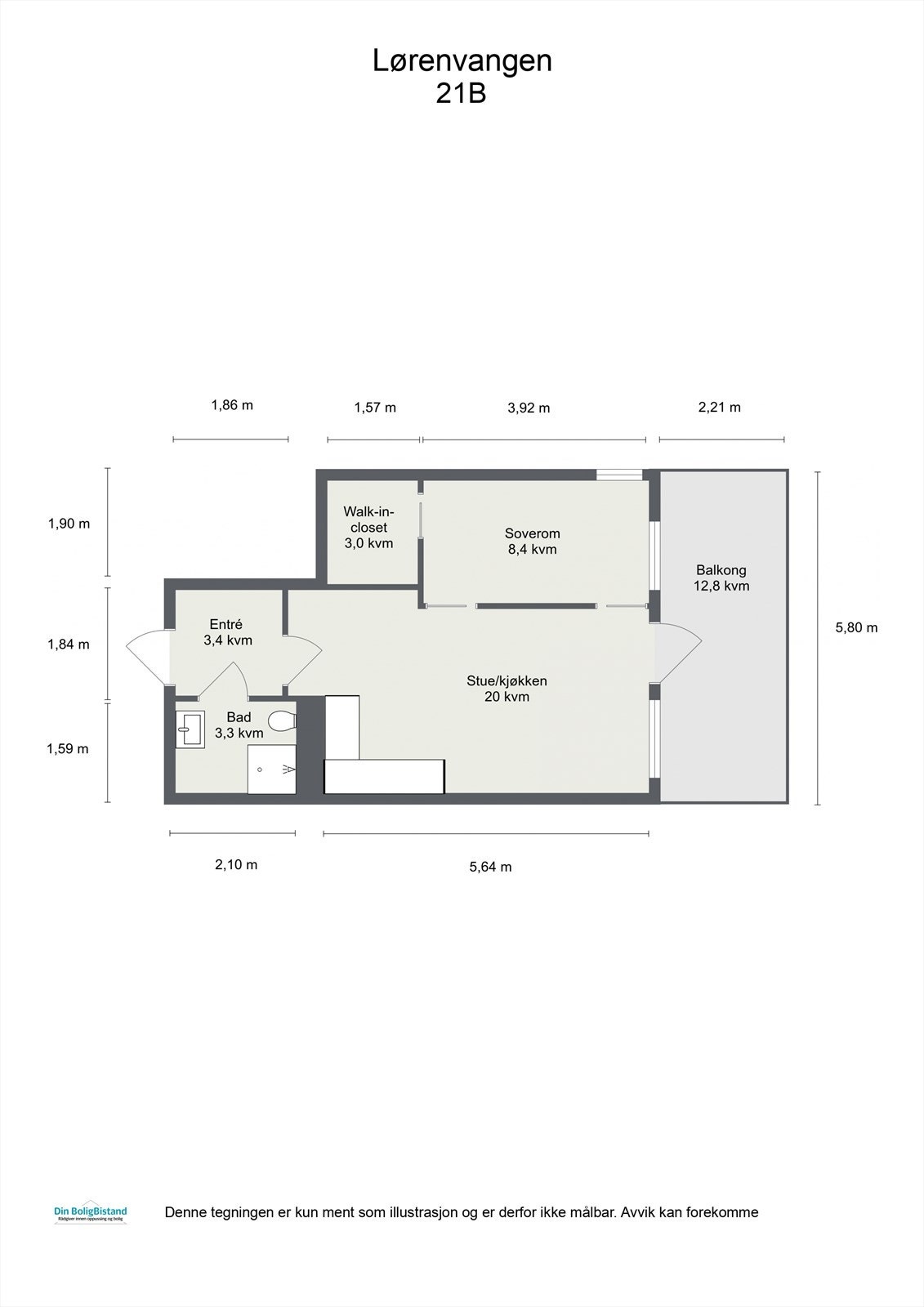 Leiligheten ligger i 1. etasje og inneholder entré, bad, soverom med walk-in-closet og åpen stue/kjøkkenløsning med utgang til stor balkong. I tillegg disponerer leiligheten en kjellerbod. Galleribilde