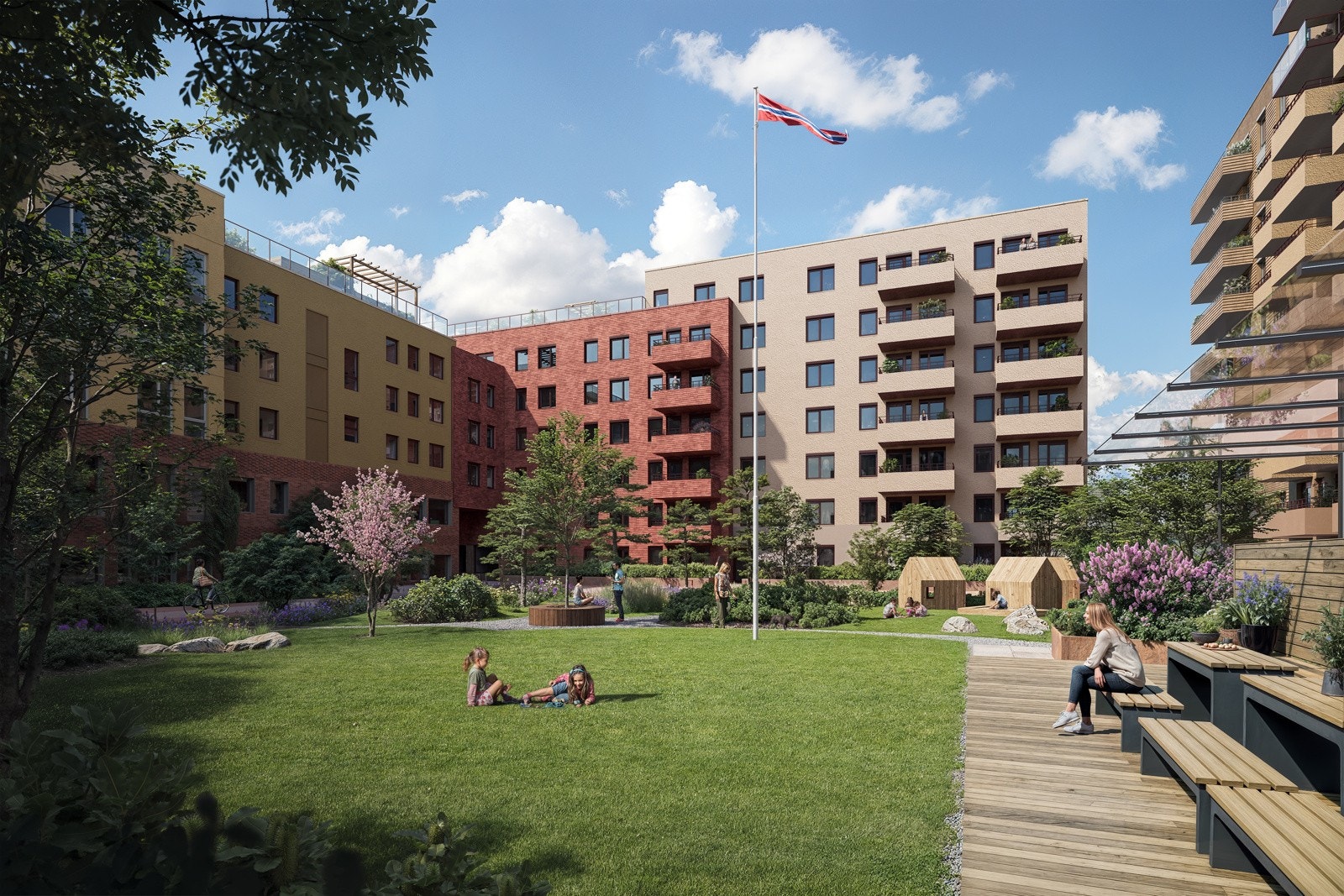 Leilighetens sørvendte markterrasse vender mot Torghagens store grønne, bilfrie gårdsrom. Illustrasjon. Galleribilde