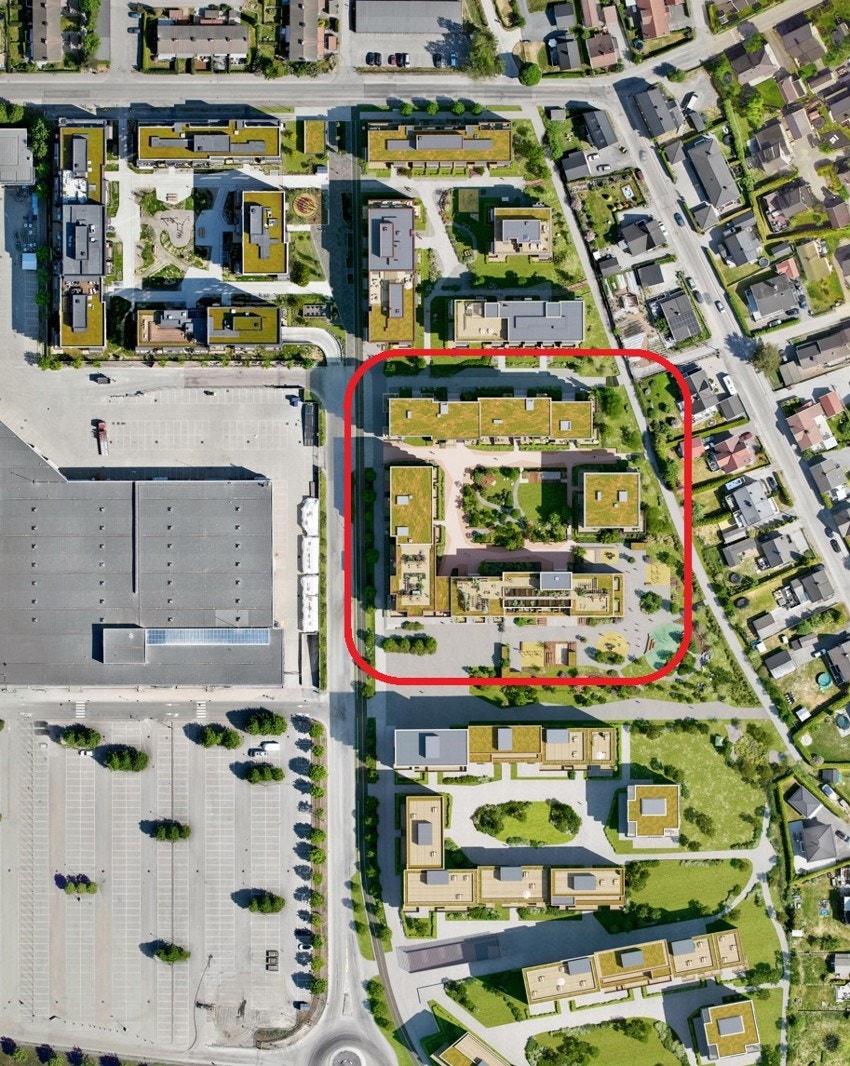 Oversikt Kvarteret, rett ovenfra, markert Torghagen Galleribilde