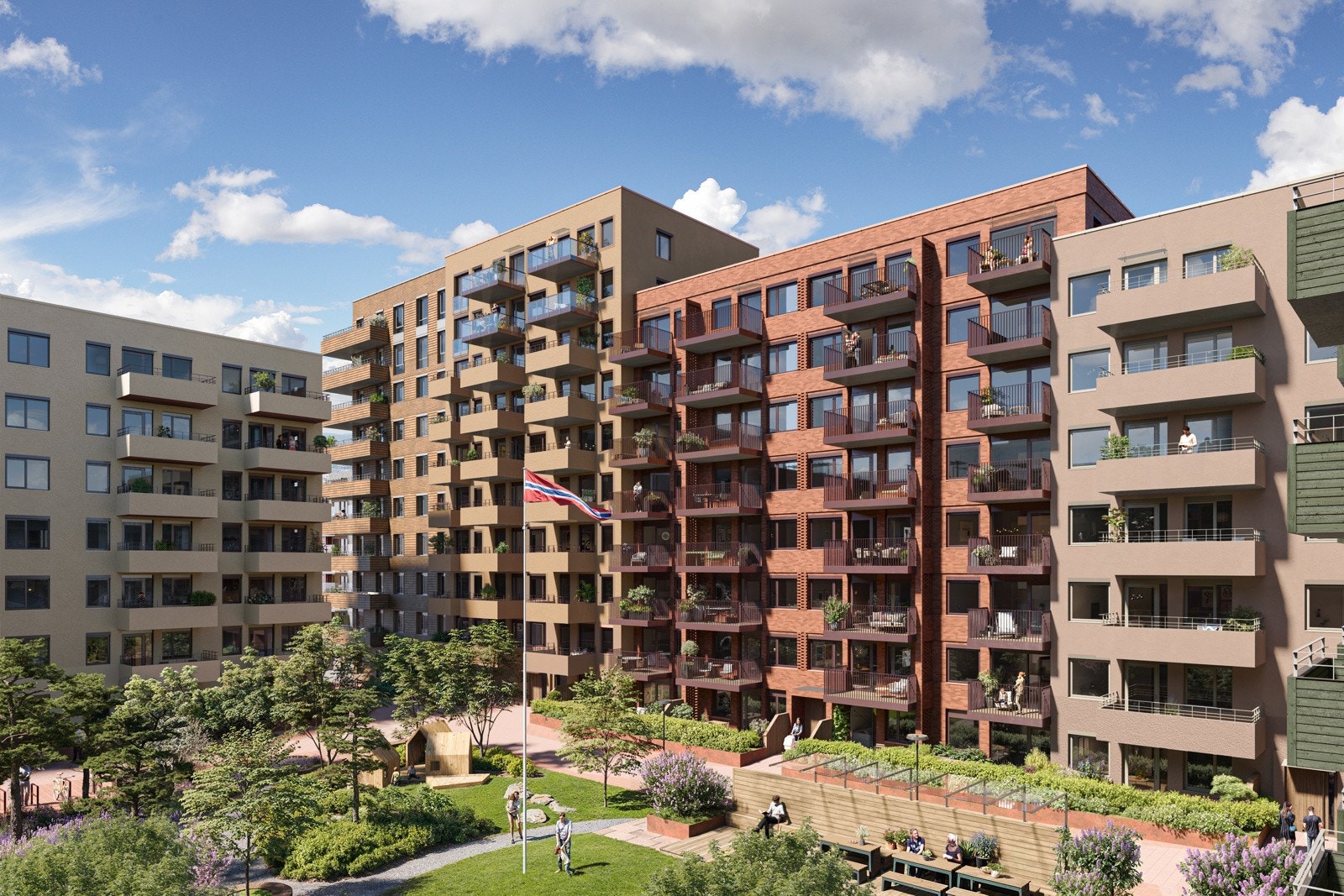 Hus 1 i Torghagen, sett fra gårdsrommet. Illustrasjon. Galleribilde