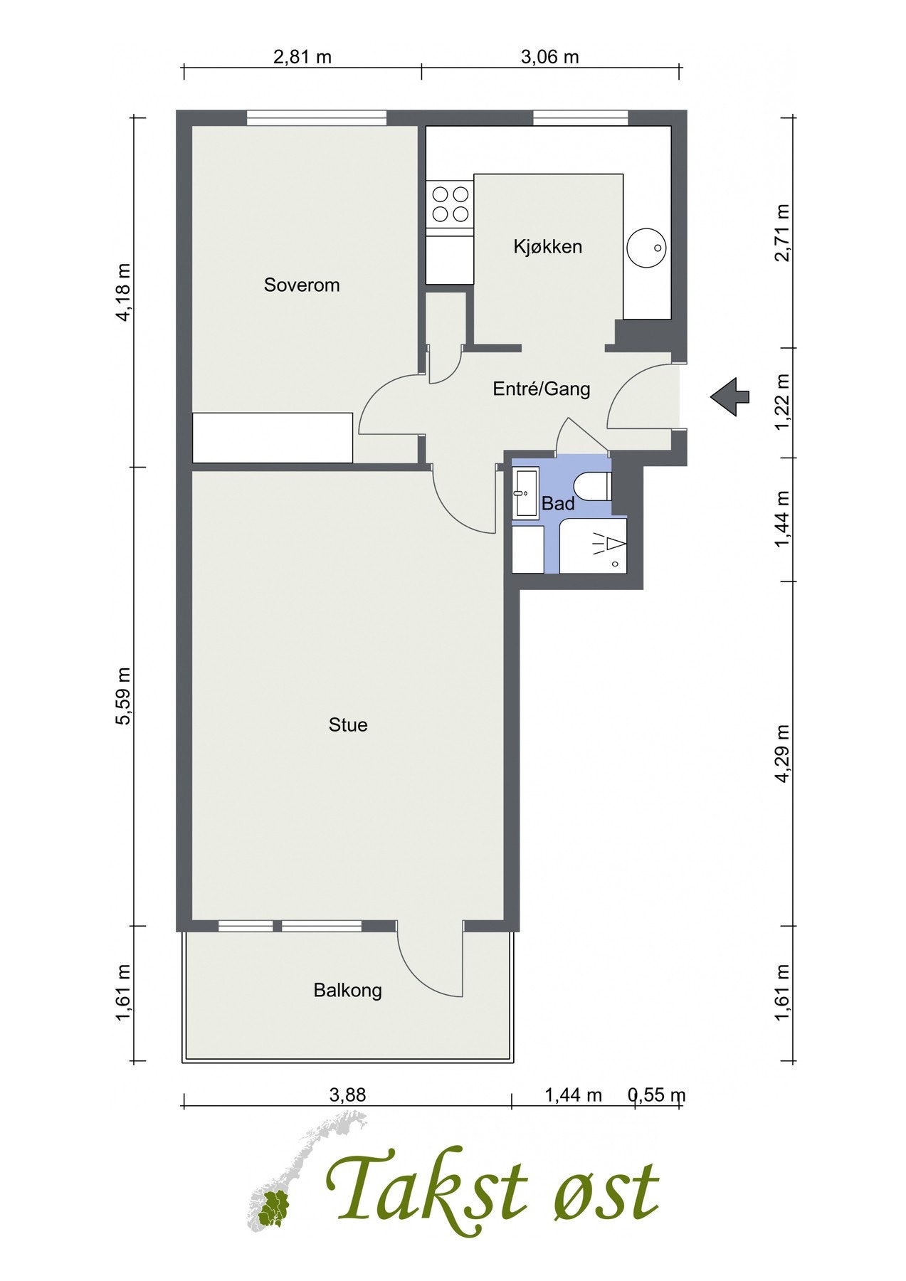 Plantegning. I tillegg disponerer leiligheten en kjellerbod på ca. 2,8 kvm. Galleribilde