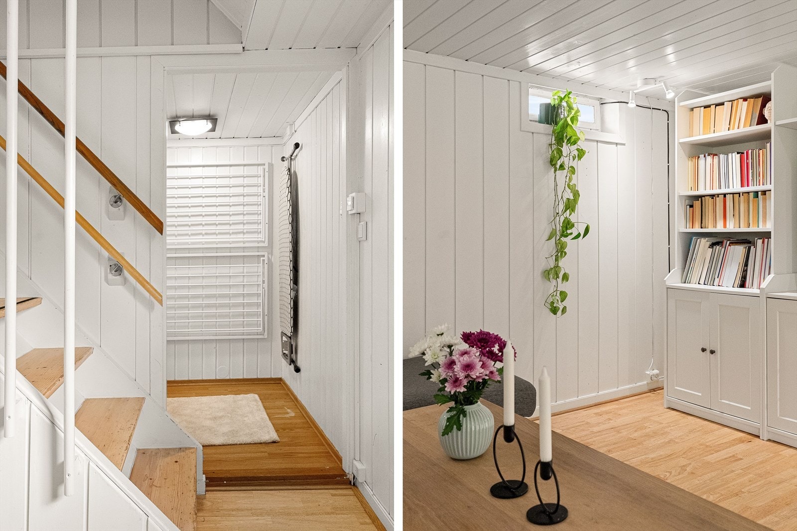 Inngang til kjellerrom med lune fargetoner og praktisk bodløsning. Galleribilde
