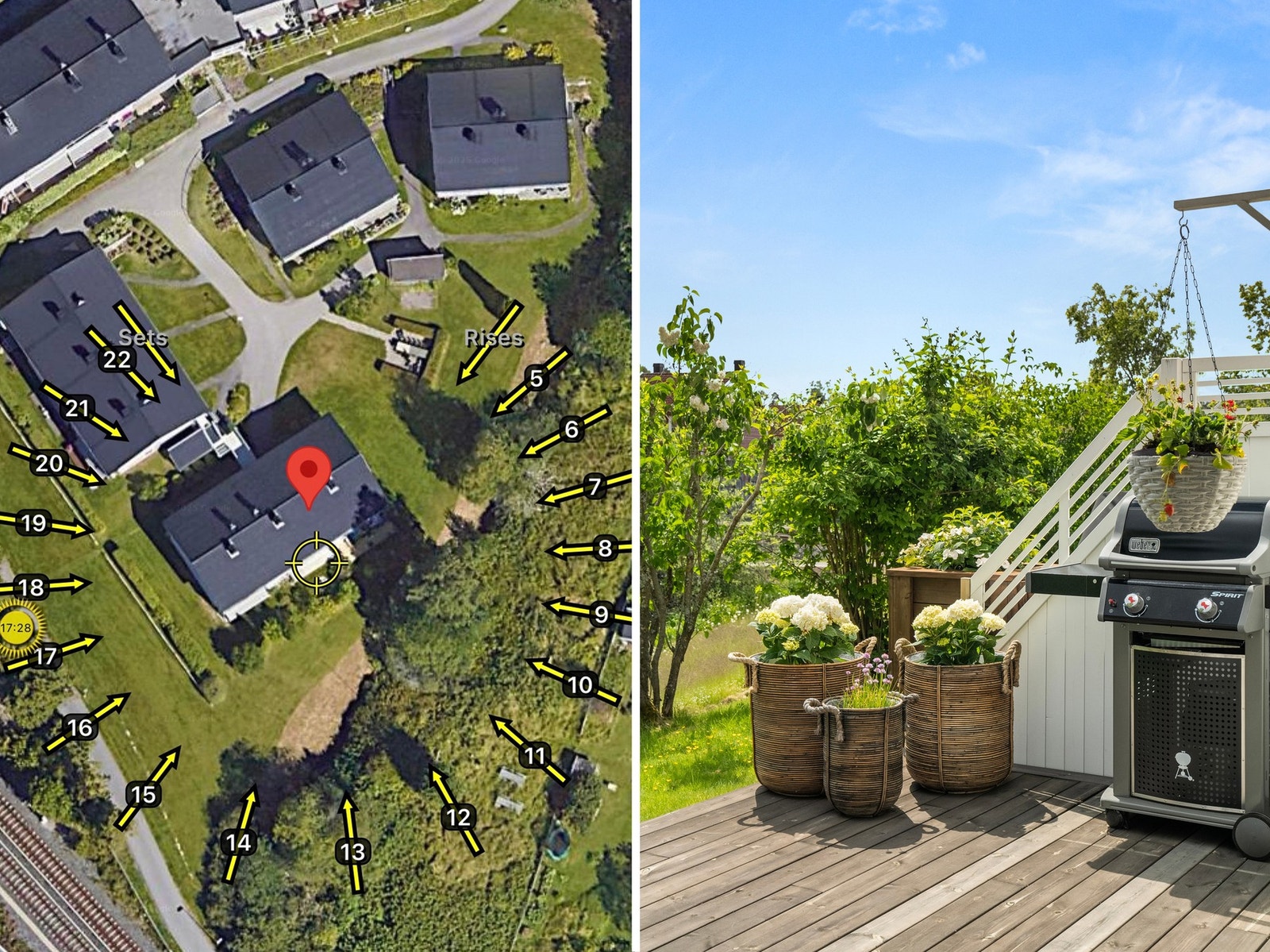 Terrassen vender mot sydøst, noe som gir mange soltimer helt fra tidlig om morgenen. På motsatt side kan kveldssolen nytes. Galleribilde