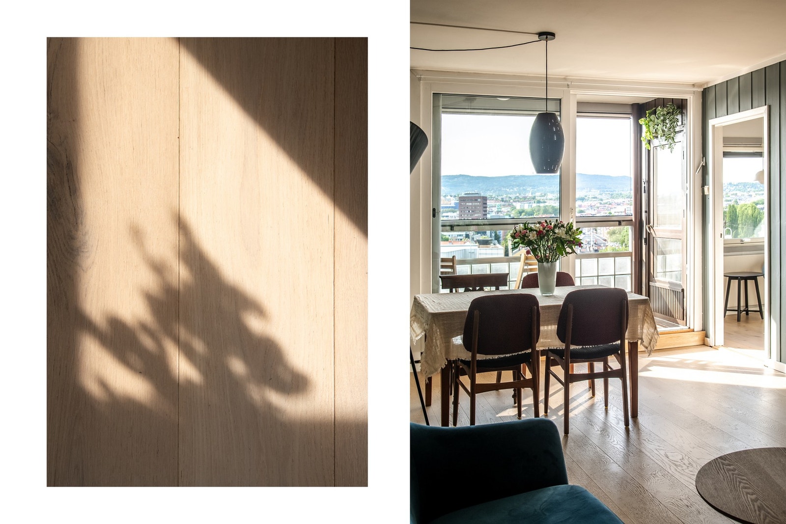 Veggene er malt i en behagelig fargetone, og på gulvet er det lagt stilren parkett som gir rommet et lunt og helhetlig preg. Galleribilde