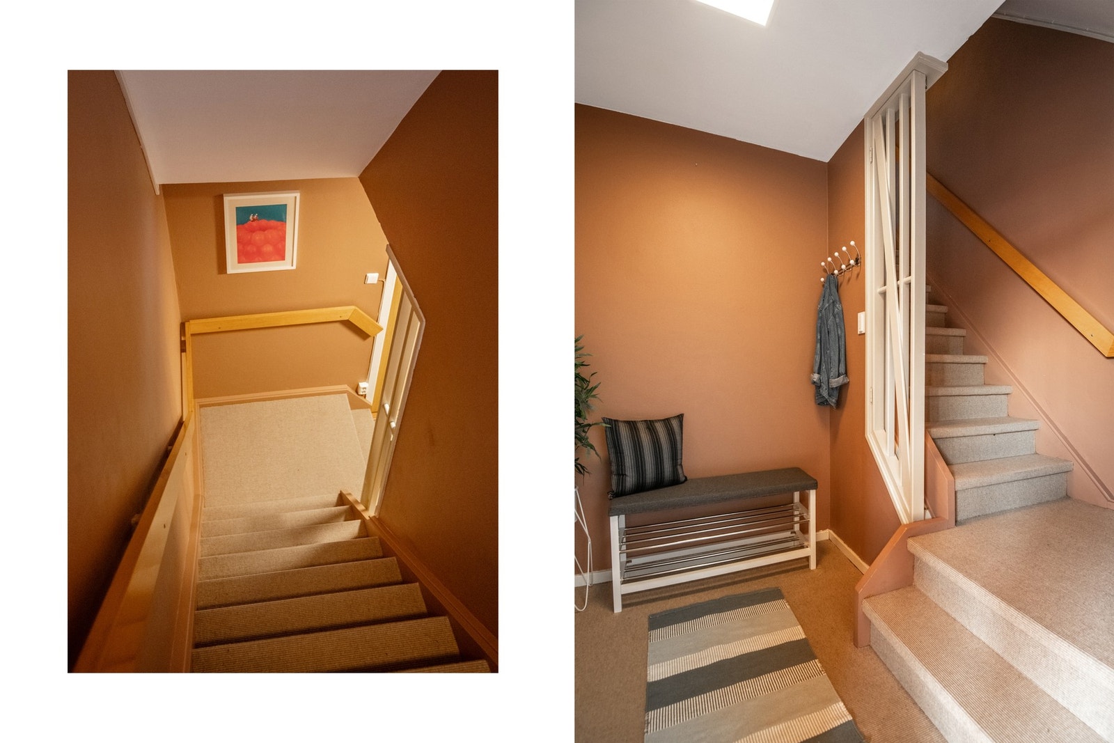 Fra entréen og opp til hovedetasjen er det en lun trapp med teppebelagte gulv. Galleribilde