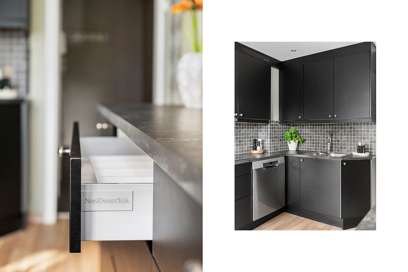 Kjøkkenet er innredet med glatte fronter og integrerte hvitevarer. Galleribilde