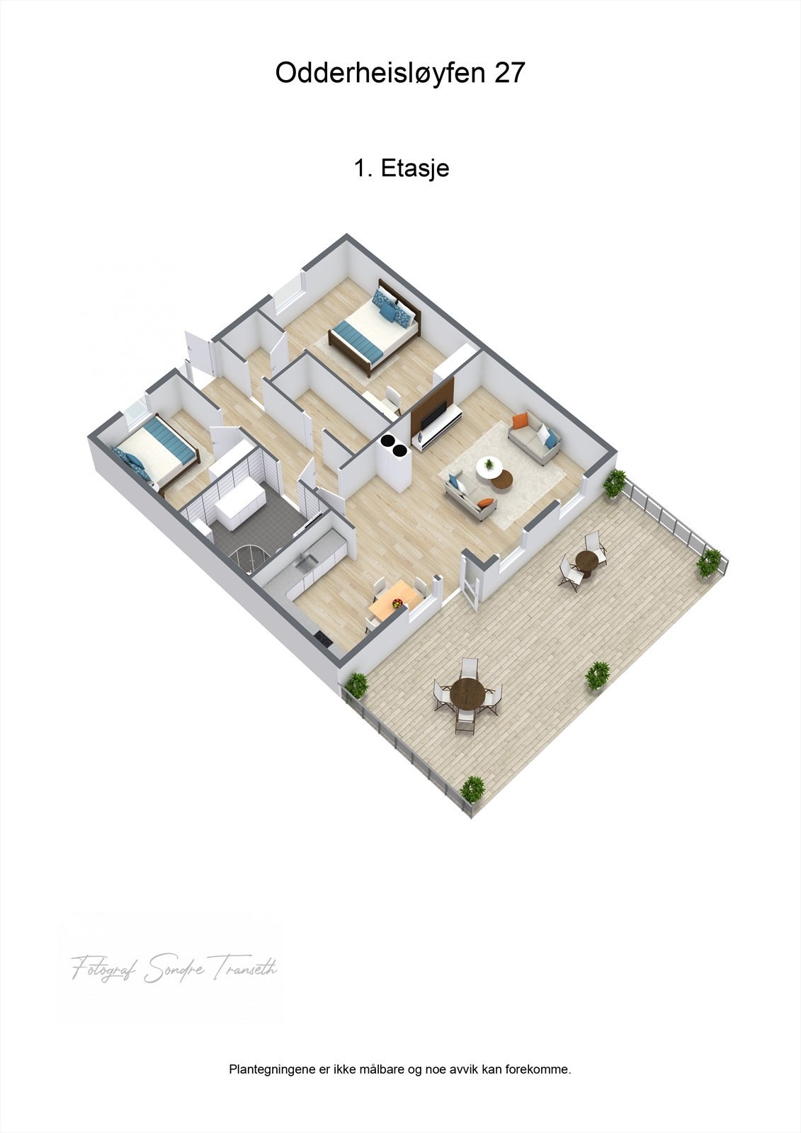 Planløsning 1.etg.: entre/mellomgang, 2 stk. soverom, innvendig bod, bad/vaskerom, åpen stue/kjøkkenløsning med tilkomst til terrasse. I tillegg medfølger det bod og parkeringsplass i byggets underetg. Galleribilde