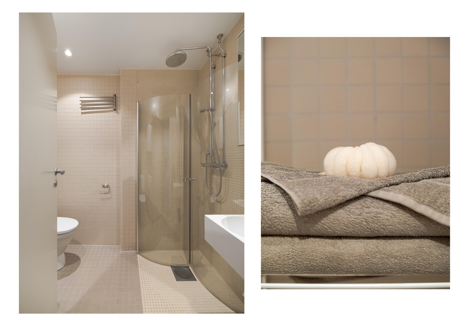 Delikat flislagt bad fra 2006 med lune varmekabler i gulv og dimbare downlights i tak. Galleribilde