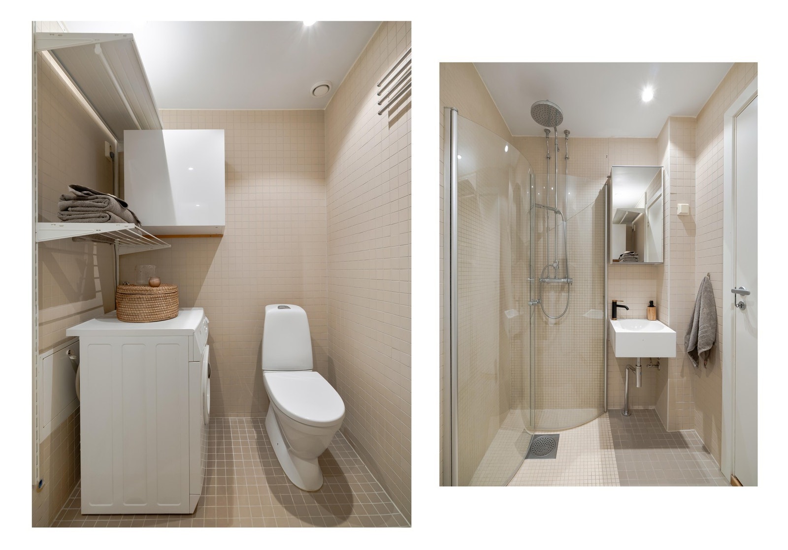 Badet har alt du trenger med dusjhjørne, servant, speilskap, opplegg for vaskemaskin og toalett. Galleribilde