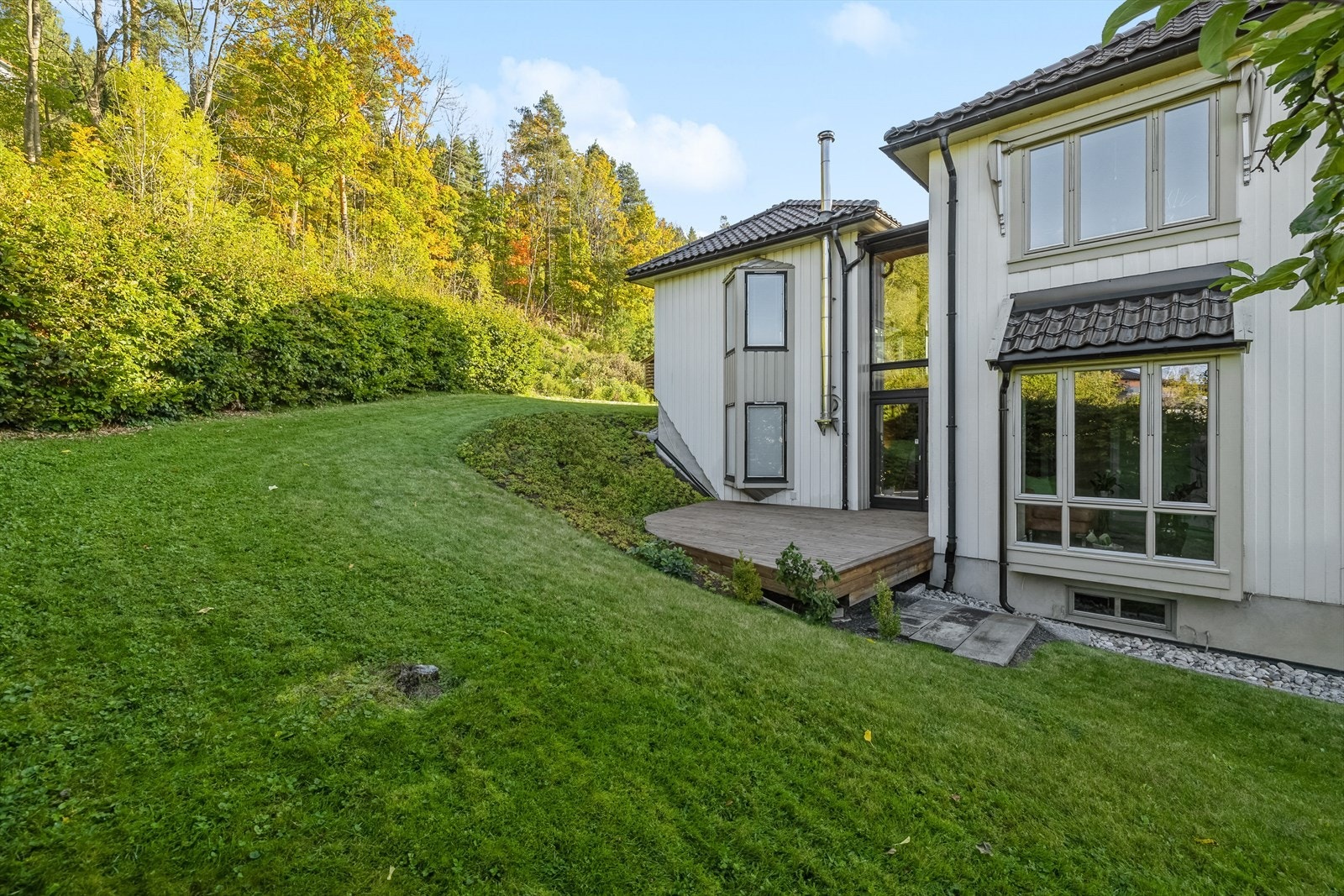 Flere solrike uteplasser. Terrassen med utgang fra gangen i 1.etasje ligger vestvendt. Galleribilde