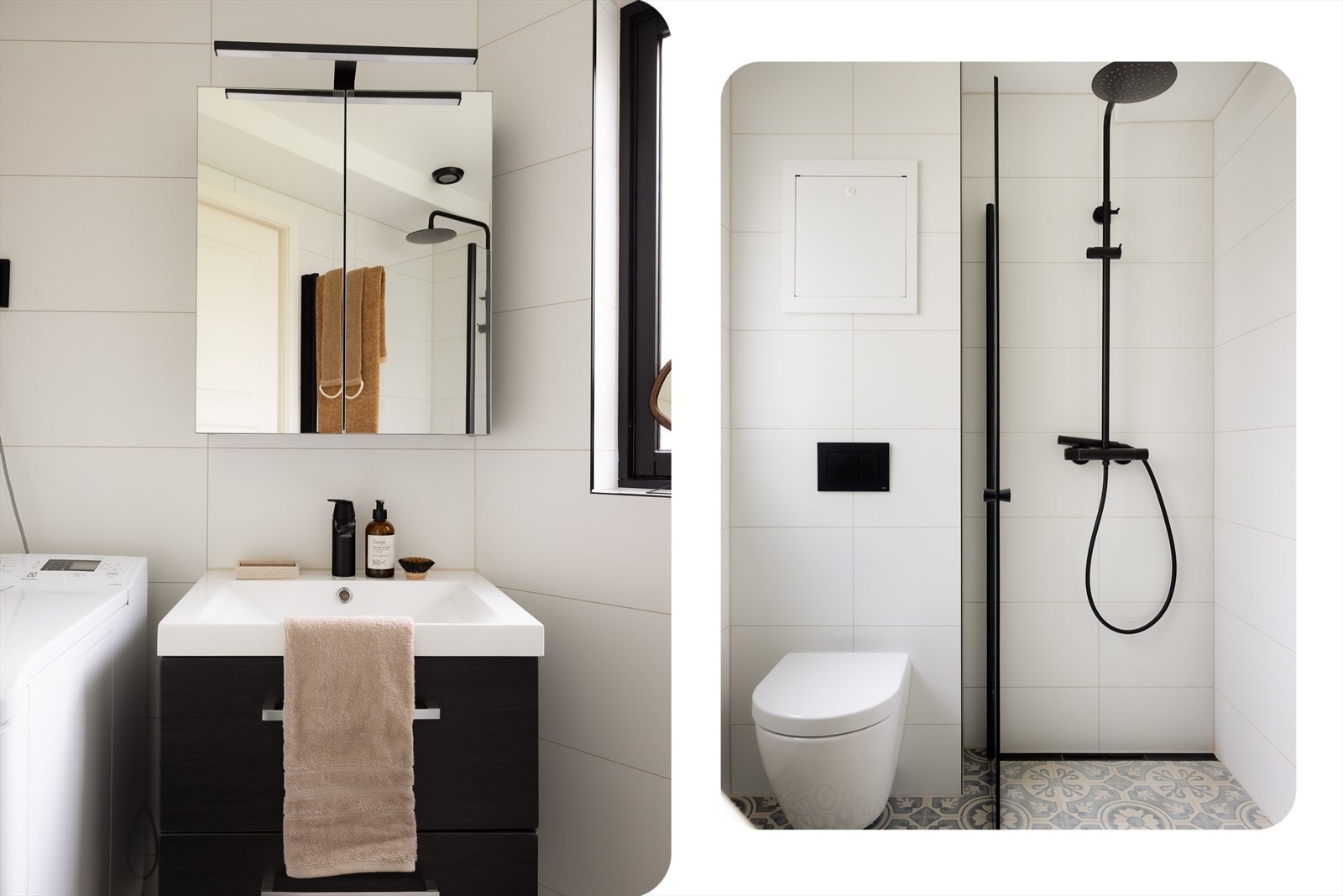 Badet inneholder vegghengt toalett, helstøpt servant, skuffer under servant med slette fronter og dusjdører i klartglass, samt opplegg for vaskemaskin Galleribilde