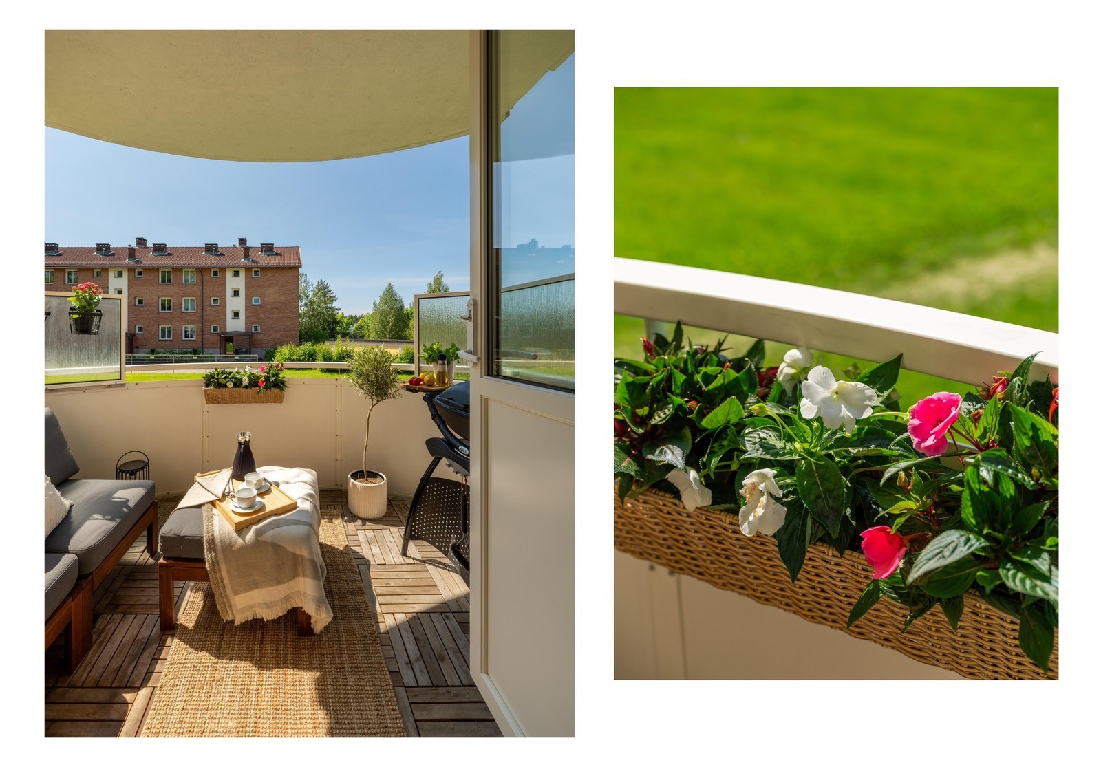 Balkongens er romslig (6 m²), som gir plass til en hyggelig sittegruppe, grill og blomsterkasser. Det er pene treheller på gulvet som gir et lunt og godt underlag. Galleribilde