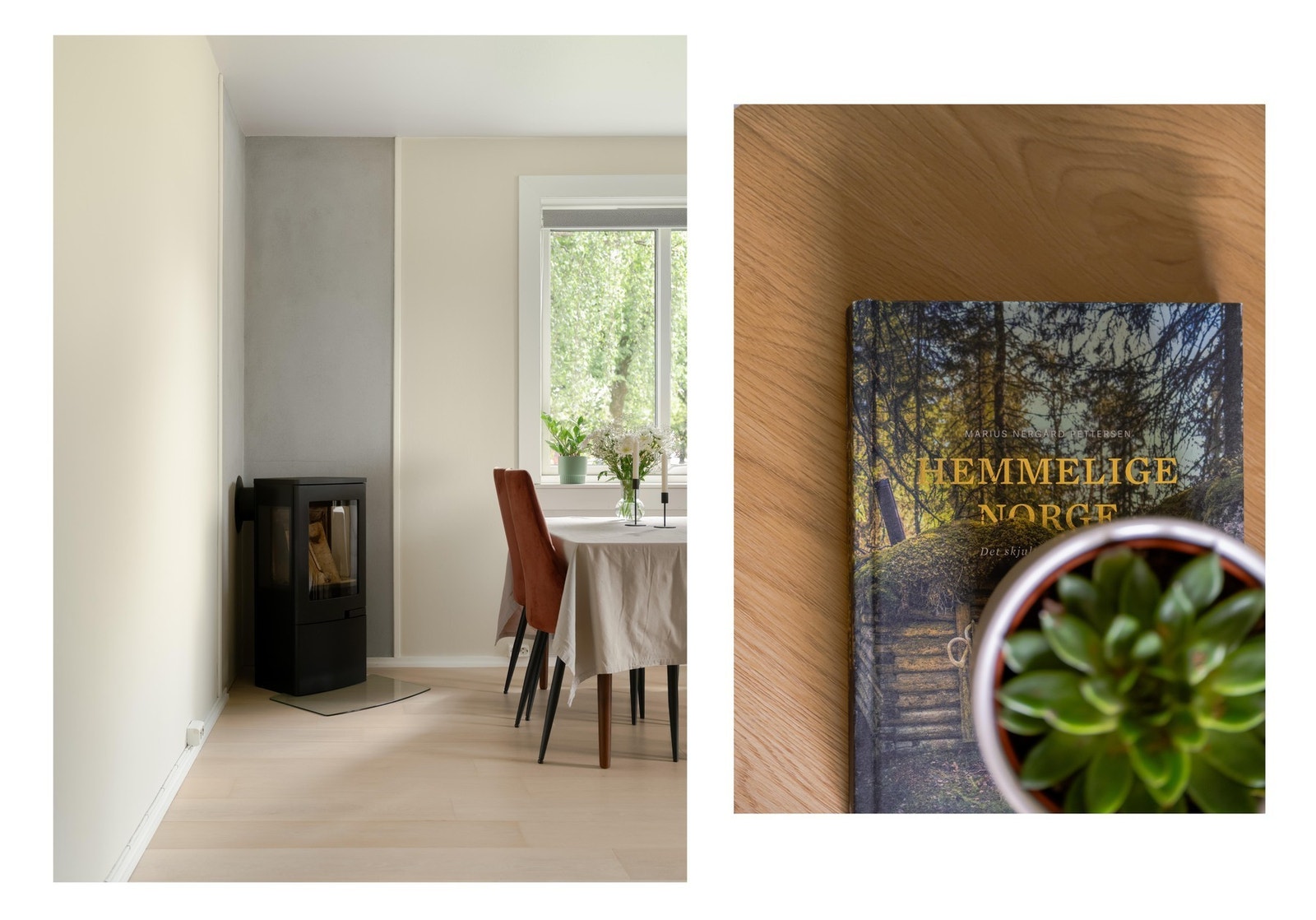 I hjørnet av stua ble det montert en moderne vedovn i 2018. Vi lover at den varmer godt på kalde høst- og vinterdager. Galleribilde